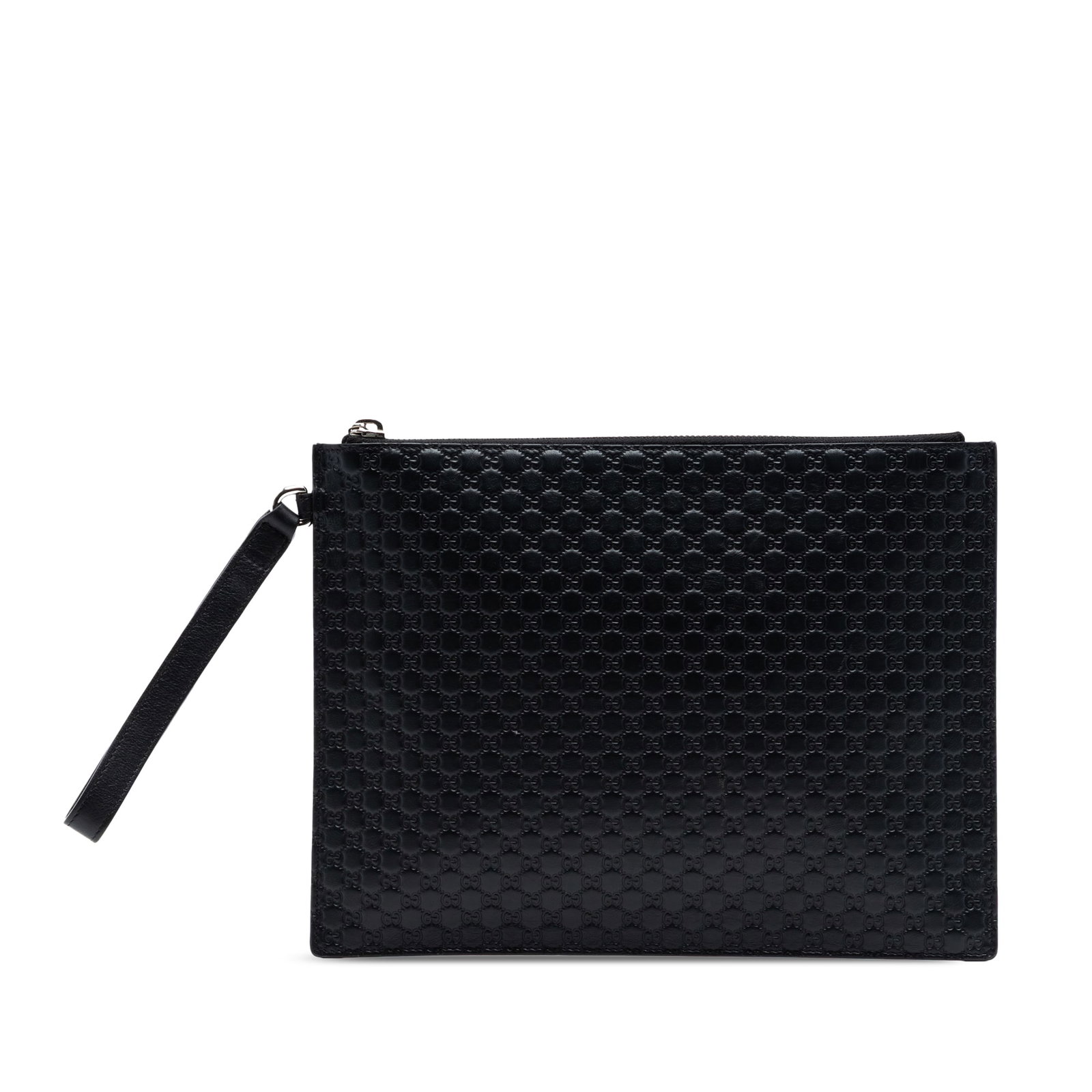 Gucci Microguccissima leather wristlet clutch bag: Gucci Microguccissima leather wristlet clutch bag This Gucci Microguccissima Clutch is crafted from embossed black leather and features a flat leather wrist strap, a top zip closure, and interior slip