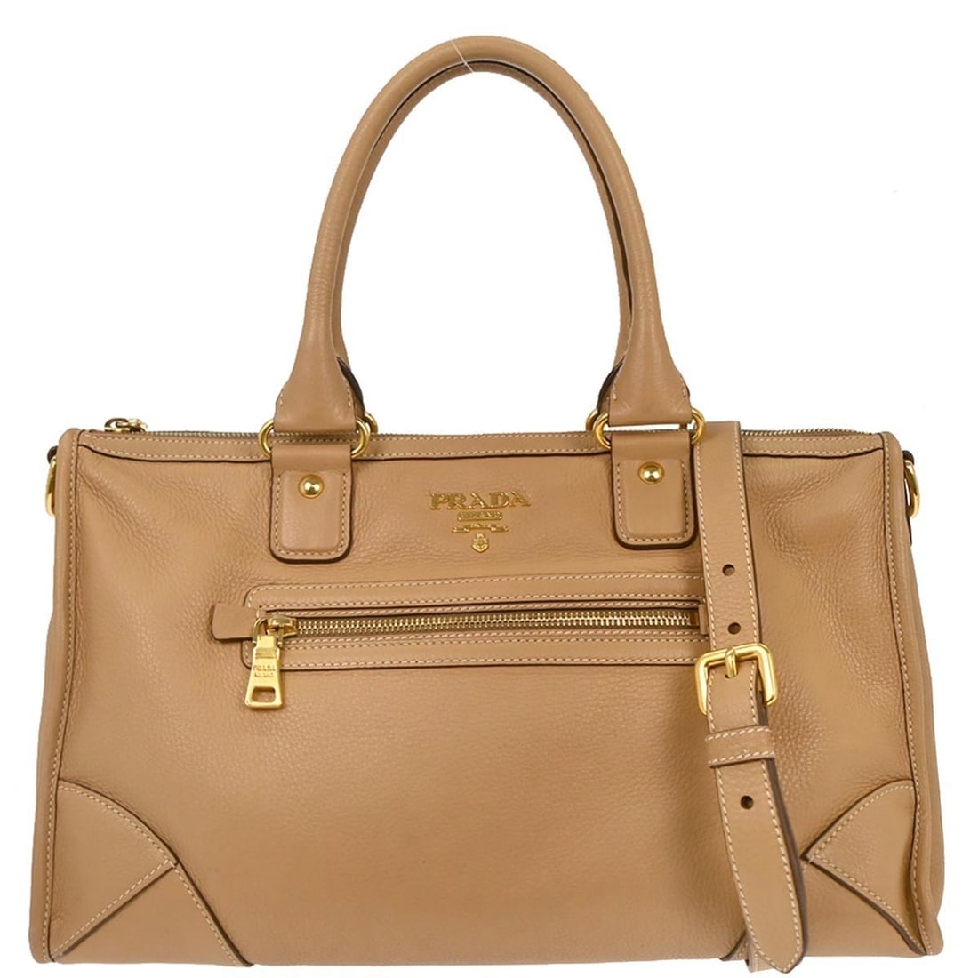Beige Leather Top Handle Large 2way Prada BL0639 Handbag: Beige Leather Top Handle Large 2way Prada BL0639 Handbag This Prada beige leather 2-way handbag features a spacious large size and can be carried by top handles or with an additional strap. The exteri