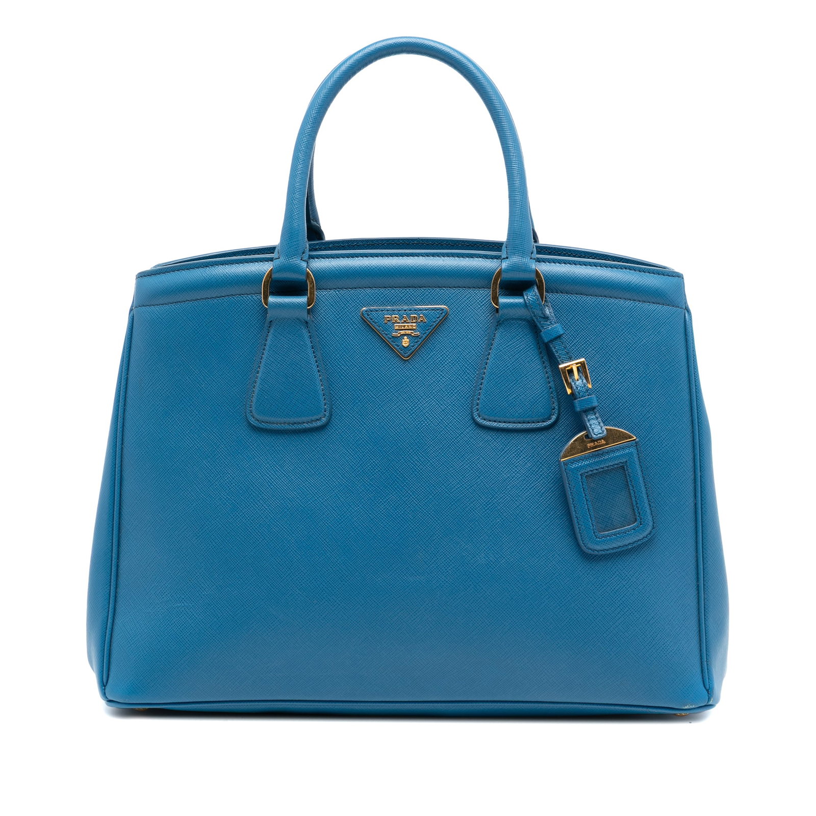 Blue Prada Saffiano Lux Parabole Leather Tote Bag: Blue Prada Saffiano Lux Parabole Leather Tote Bag This Prada Saffiano Lux Parabole Tote features a blue leather body, rolled handles, an open top, an interior zip compartment, and additional interior 