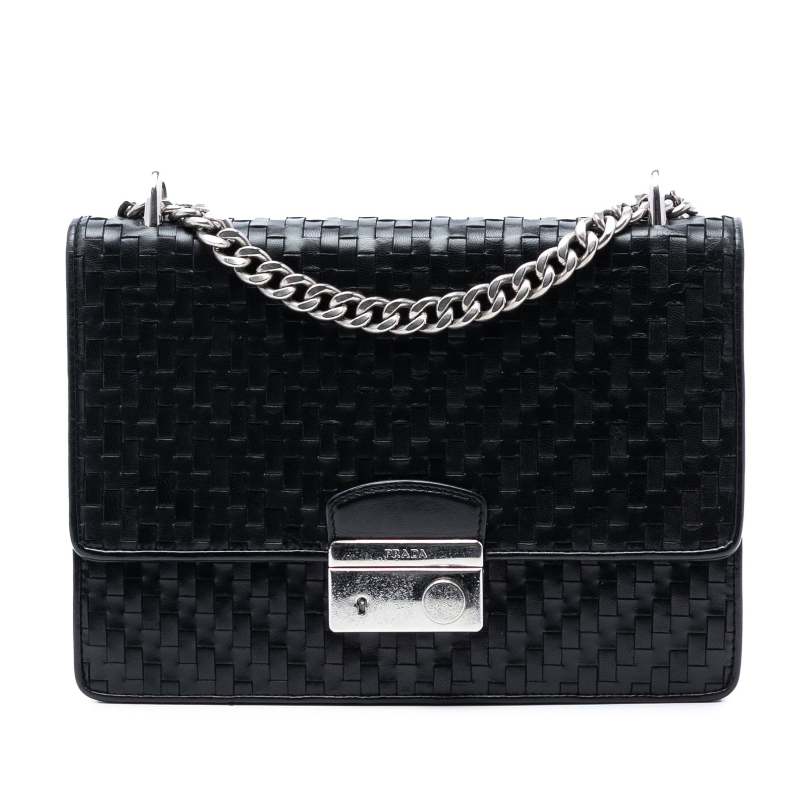 Prada black woven goatskin crossbody flap bag chain strap: Prada black woven goatskin crossbody flap bag chain strap This Prada Woven Madras Leather Chain Flap Bag is crafted from woven goatskin leather and features a chain link strap with a leather guard for