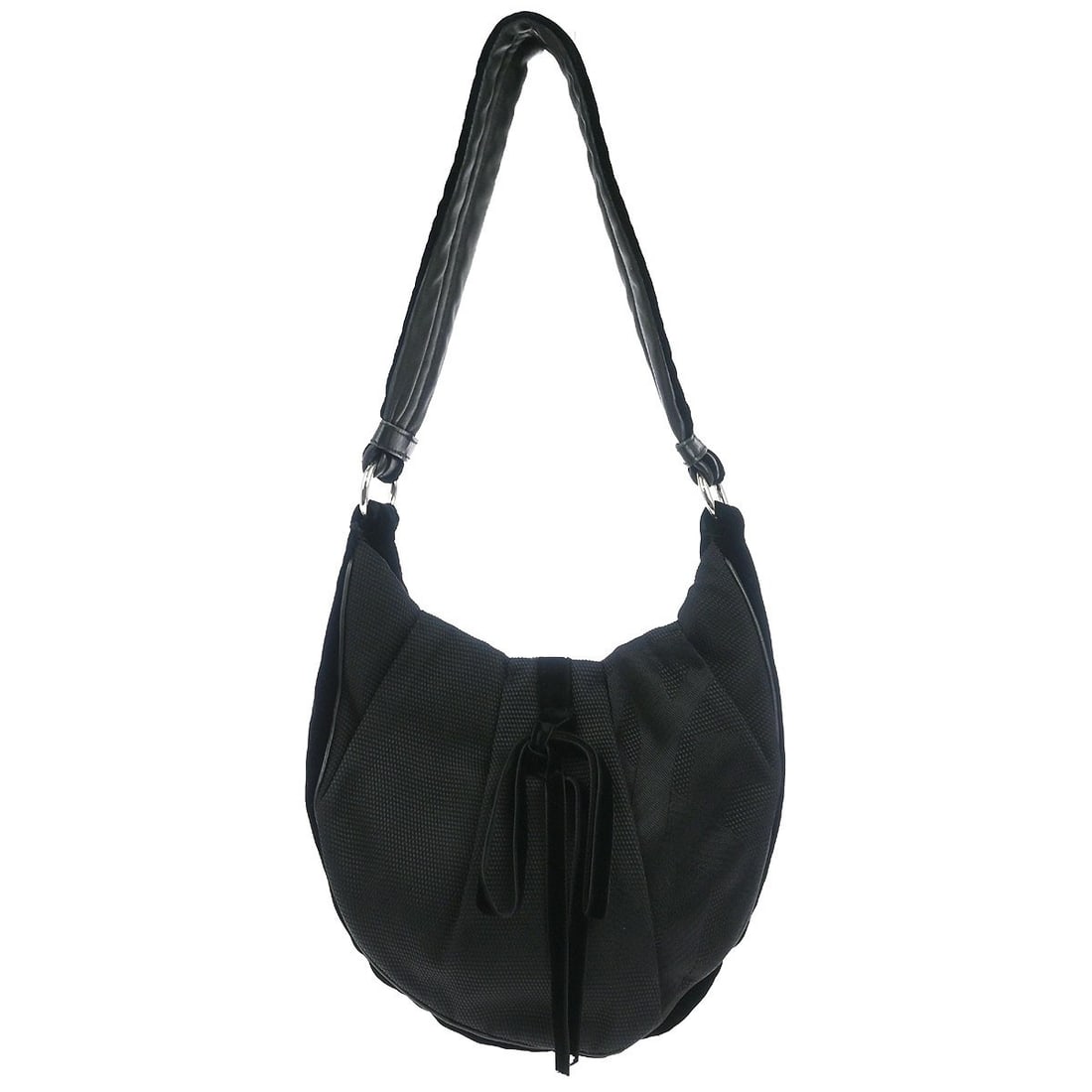 Saint Laurent Rive Gauche Black Nylon Top Handle Bag: Saint Laurent Rive Gauche Black Nylon Top Handle Bag This Yves Saint Laurent Rive Gauche shoulder bag is crafted from black nylon and features a top handle design with logo accents. Sized as a medium 