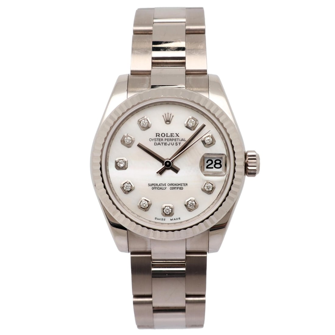 Rolex Datejust 31 White Gold Diamond MOP Ladies Watch 178279: Rolex Datejust 31 White Gold Diamond MOP Ladies Watch 178279 This Rolex Datejust 31 Ladies Watch features a 31 mm 18K white gold case, a custom diamond-set mother of pearl dial, and a diamond fluted f