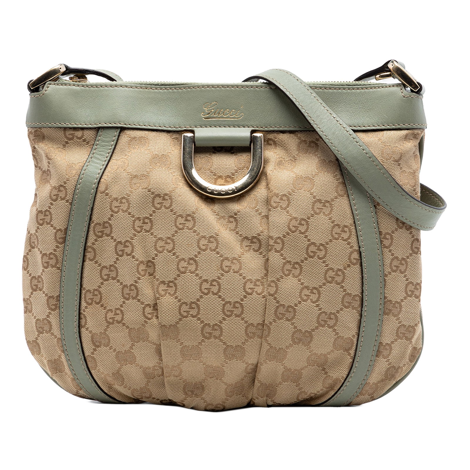 Gucci Abbey D Ring Canvas Crossbody Bag: Gucci Abbey D Ring Canvas Crossbody Bag This Gucci GG Canvas Abbey D Ring Crossbody bag features a beige canvas body with leather trim, a flat leather strap, a top zip closure, and an interior zip poc