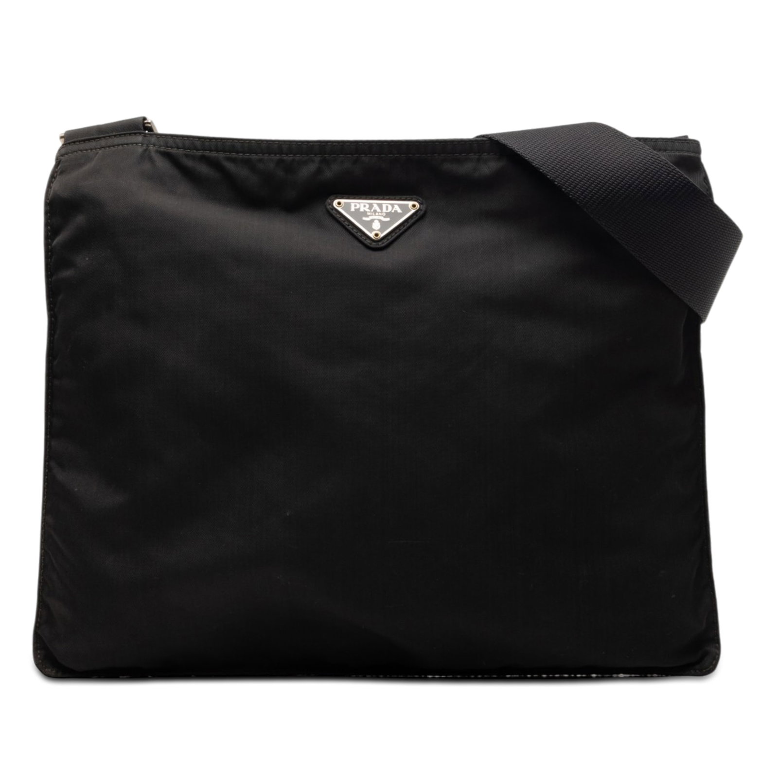 Prada Tessuto Black Nylon Crossbody Bag: Prada Tessuto Black Nylon Crossbody Bag This Prada Tessuto Zip Top Crossbody bag features a black nylon body with an adjustable flat shoulder strap and a secure top zip closure. The bag is crafted in 