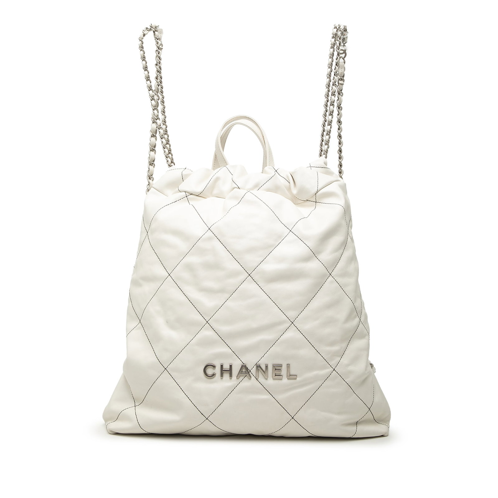 Chanel 22 Quilted Calfskin Backpack Large White Leather: Chanel 22 Quilted Calfskin Backpack Large White Leather This Chanel Large Quilted Shiny Calfskin 22 Backpack is crafted from luxurious white calf leather and features flat top handles, leather-woven c