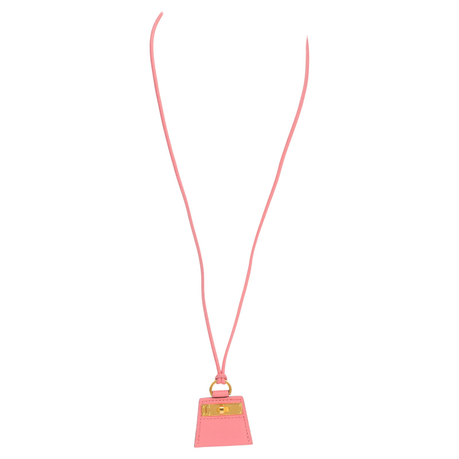Hermes Mon Petit Kelly Pendant Necklace Rose Azalee Leather Gold Tone: Hermes Mon Petit Kelly Pendant Necklace Rose Azalee Leather Gold Tone Introducing the Hermes Mon Petit Kelly Pendant Necklace, a charming accessory that showcases a miniature version of the iconic Kel