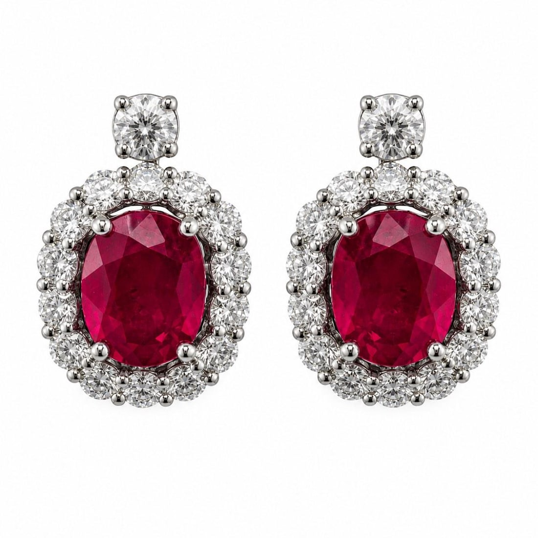 GIA Certified 18K White Gold Ruby Diamond Earrings: GIA Certified 18K White Gold Ruby Diamond Earrings These earrings are crafted from 18K white gold and feature two GIA certified synthetic rubies with a total weight of approximately 5.00 carats. Accen