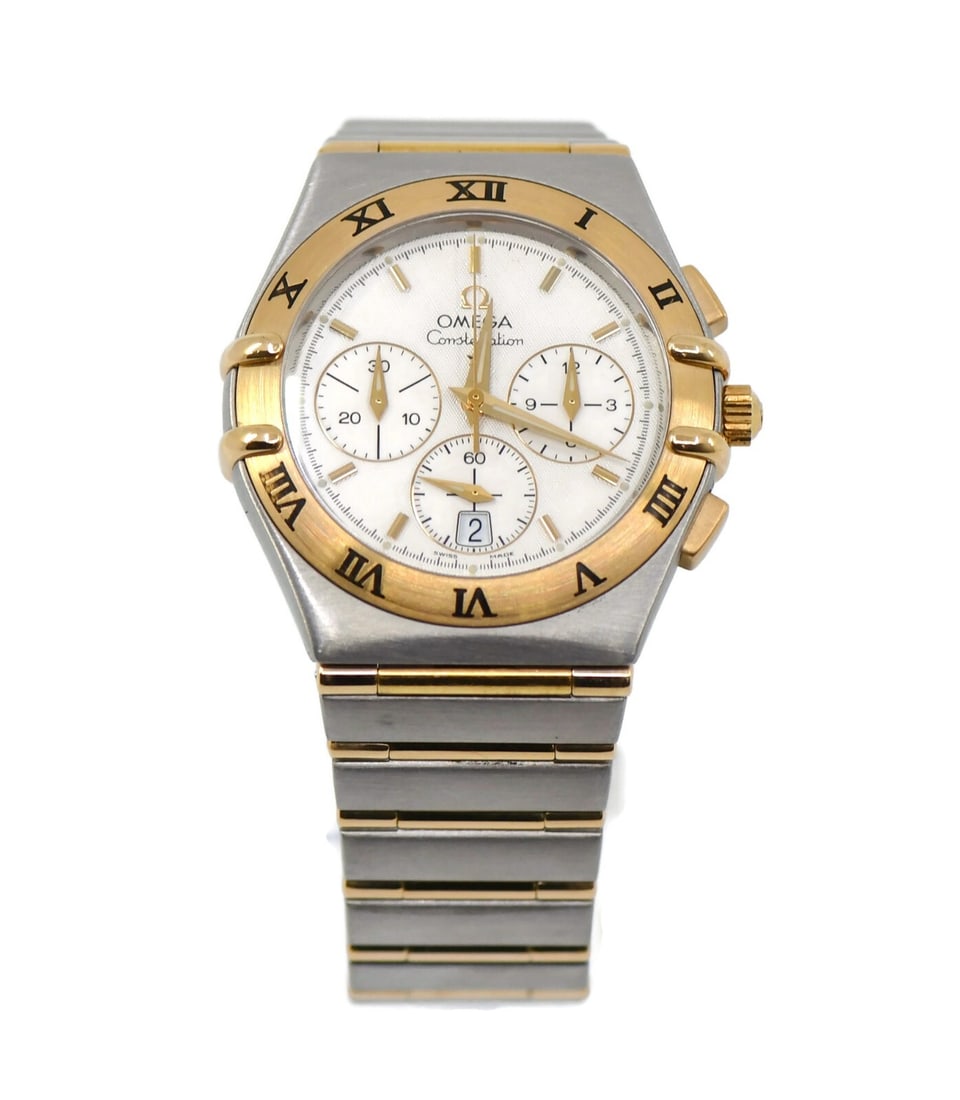 Omega Constellation Chronograph Two Tone Stainless Steel Watch 1242.30 with Box and Papers: Omega Constellation Chronograph Two Tone Stainless Steel Watch 1242.30 with Box and Papers This Omega Constellation Chronograph watch is a stunning blend of elegance and precision. Crafted with a two-