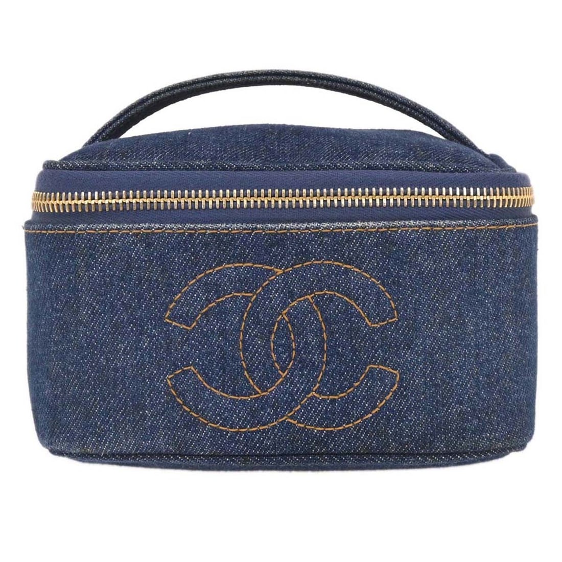 Vintage Chanel Denim Vanity Handbag 16cm by 9cm by 16cm: Vintage Chanel Denim Vanity Handbag 16cm by 9cm by 16cm This vintage Chanel CC vanity case is crafted from blue denim material. Designed for women, the handbag offers a compact and stylish accessory. 