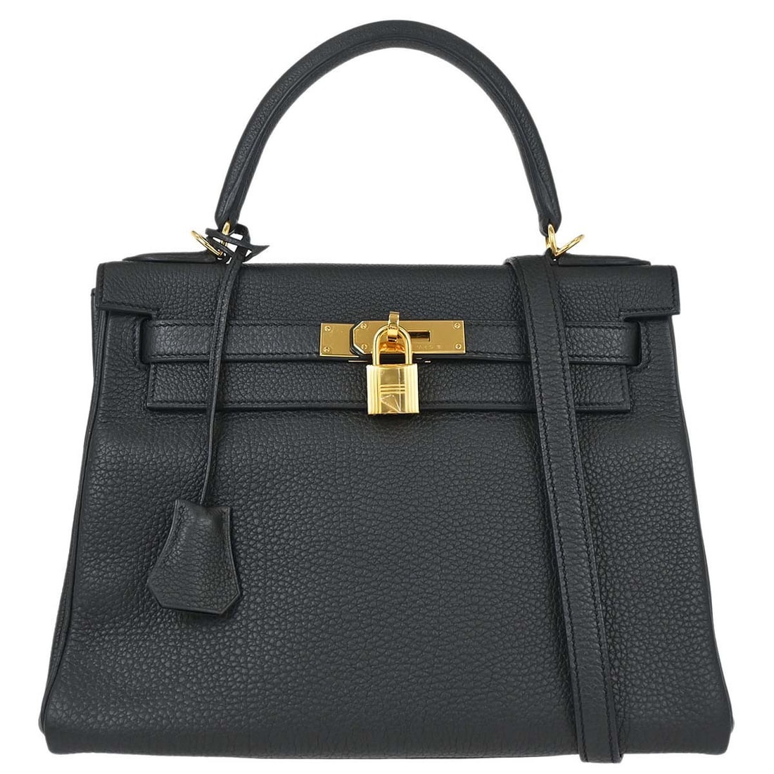 Hermes Kelly 28 Black Togo Leather Top Handle Bag: Hermes Kelly 28 Black Togo Leather Top Handle Bag This Hermes Kelly 28 Retourne 2way handbag is crafted from black Togo leather and features a classic top handle with a detachable shoulder strap, allo