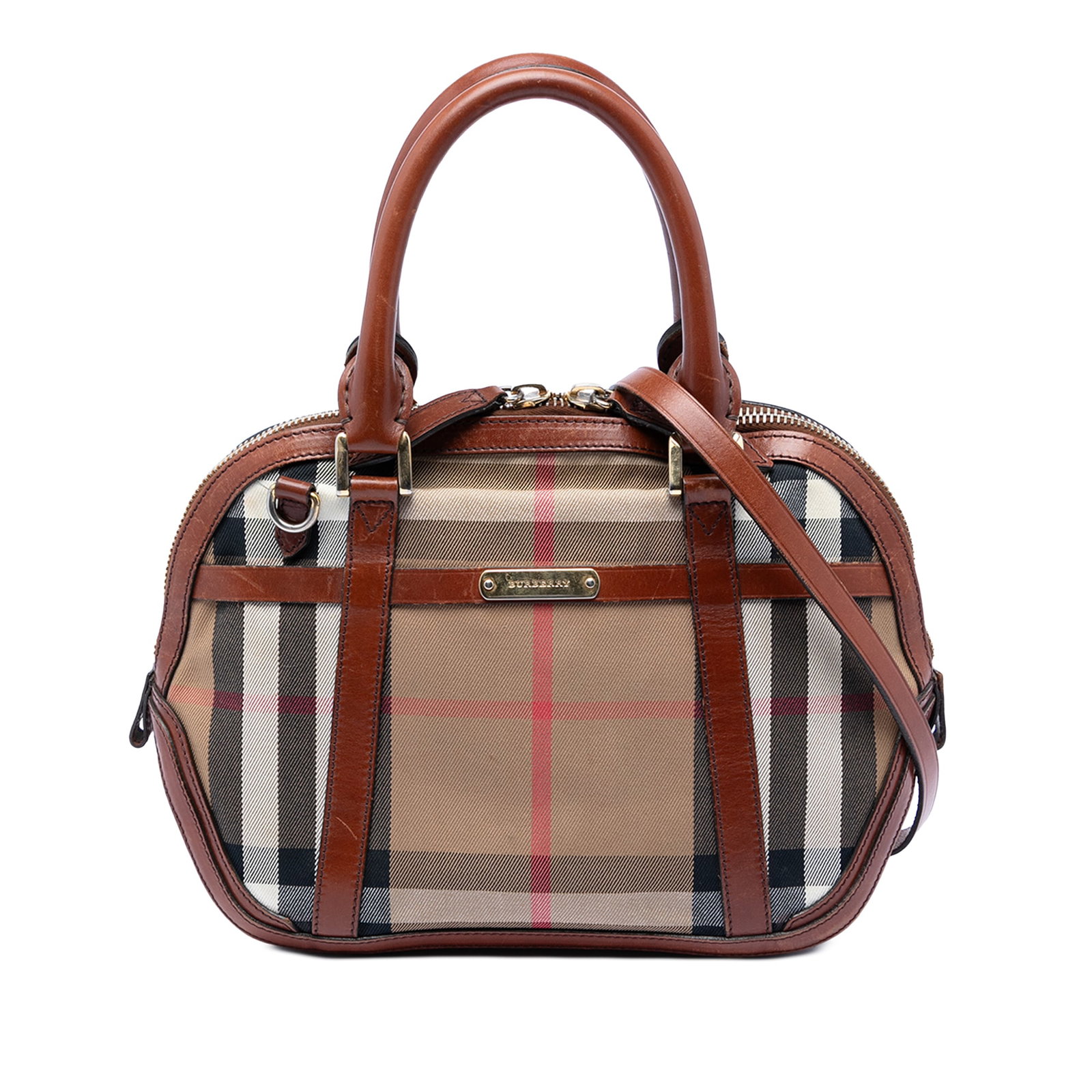 Burberry House Check Canvas Satchel with Leather Trim: Burberry House Check Canvas Satchel with Leather Trim This Burberry Small Leather Trimmed House Check Canvas Bridle Orchard Satchel features a canvas body with leather trim, rolled leather handles, a 