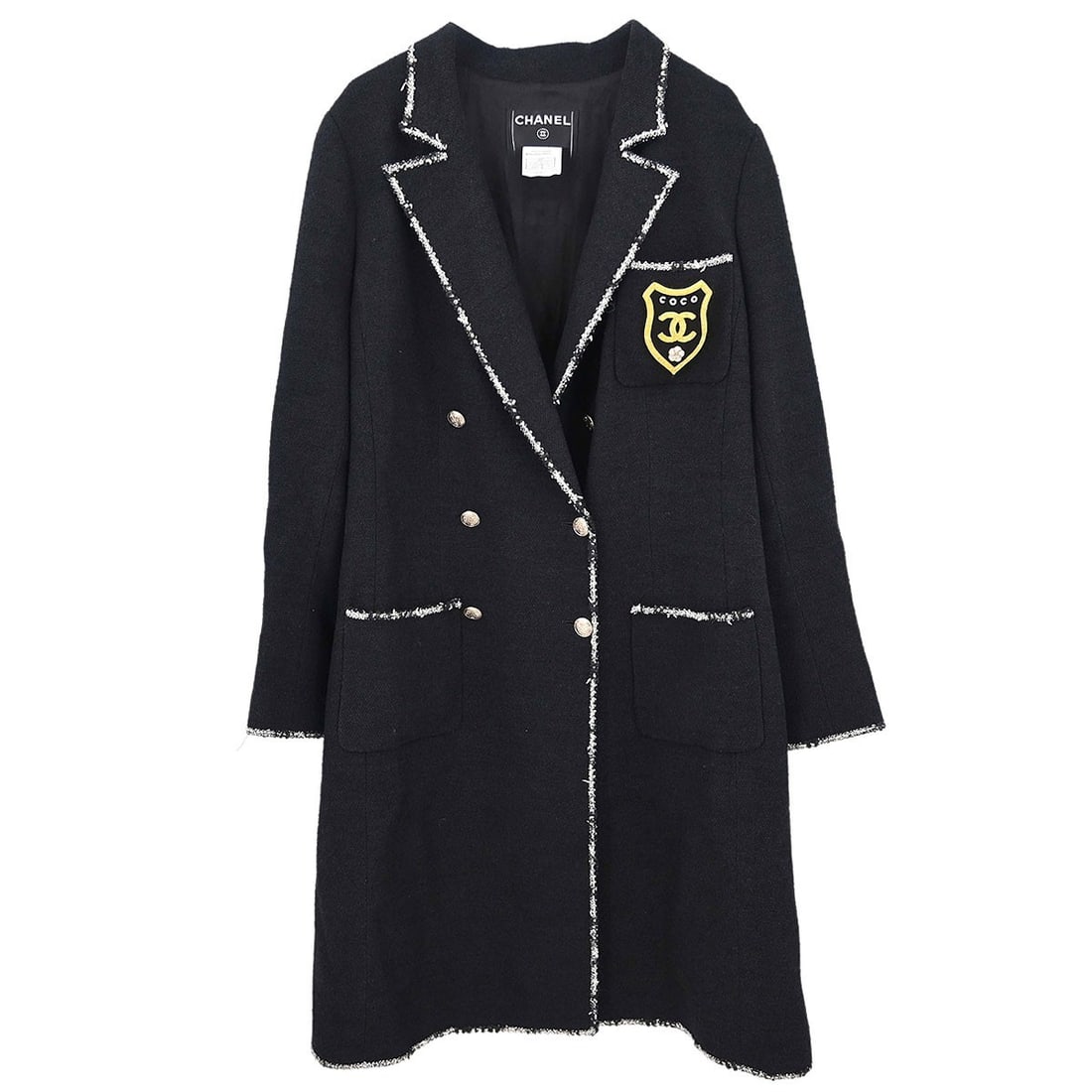 CHANEL black wool long overcoat FR 48 emblem (1 of 15)