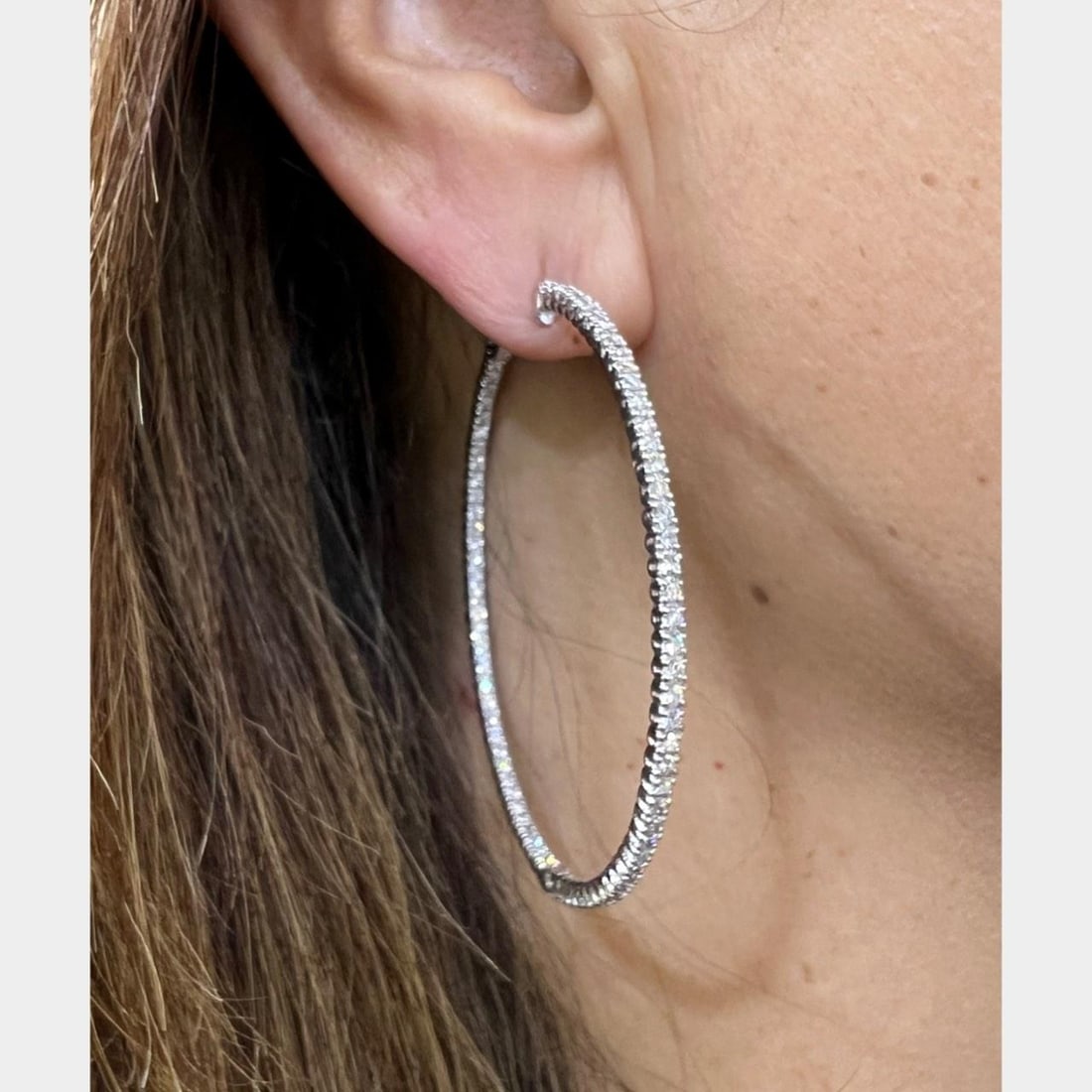 5.00 Ct Diamond Inside Outside Hoops in 14K White Gold 2.25 Inch: 5.00 Ct Diamond Inside Outside Hoops in 14K White Gold 2.25 Inch These inside-outside hoop earrings are crafted from 14K white gold and set with approximately 156 diamonds totaling around 5.00 carats.