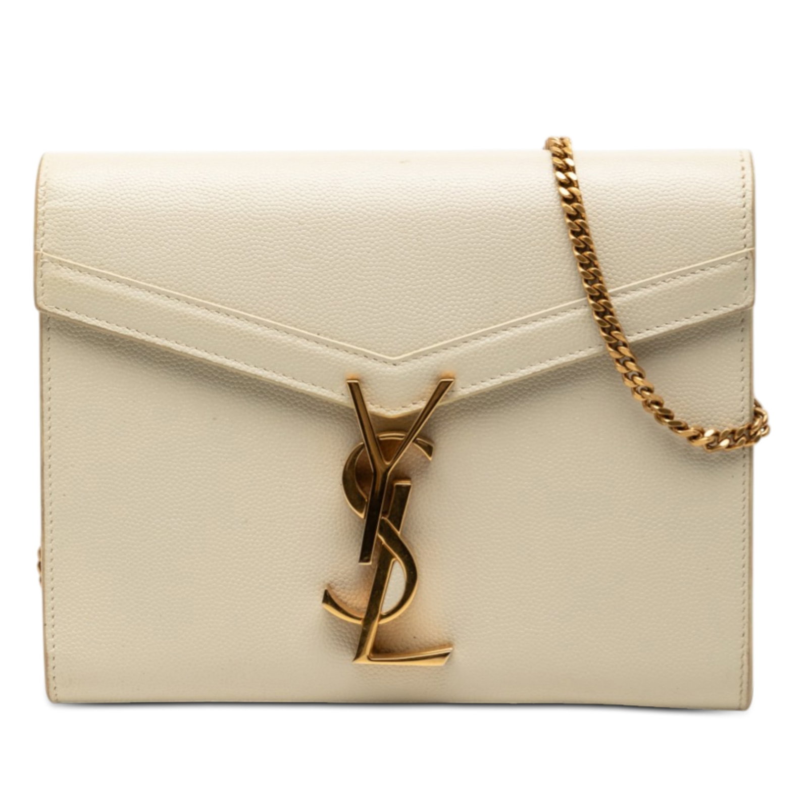 Saint Laurent Cassandra Leather Chain Wallet with Gold Tone Strap: Saint Laurent Cassandra Leather Chain Wallet with Gold Tone Strap This Saint Laurent Grain De Poudre Monogram Cassandra Chain Wallet features a brown leather body with a front flap and magnetic closur