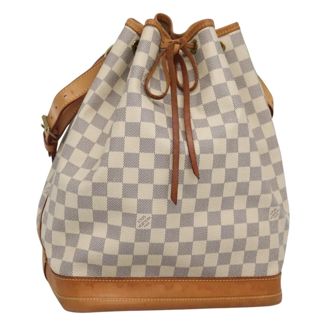 Noe Canvas Shoulder Bag in White by Louis Vuitton: Noe Canvas Shoulder Bag in White by Louis Vuitton This Louis Vuitton Noe handbag in white Damier canvas is designed for women. Crafted in France, it features a spacious interior and a drawstring closu
