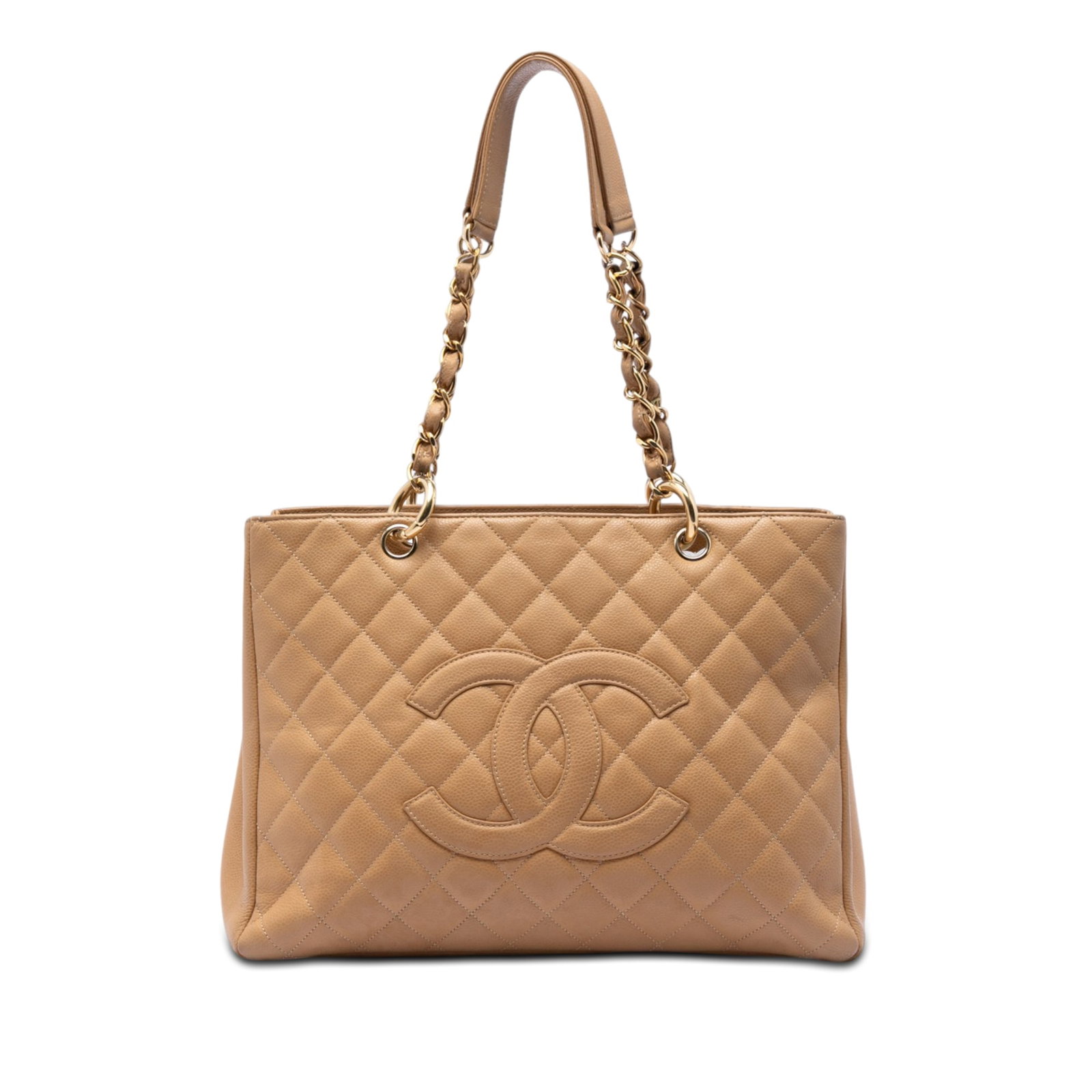Chanel Beige Caviar Leather Tote with Chain Handles: Chanel Beige Caviar Leather Tote with Chain Handles This Chanel Caviar Grand Shopping Tote is crafted from durable beige caviar leather and features a spacious main compartment with an open top secure