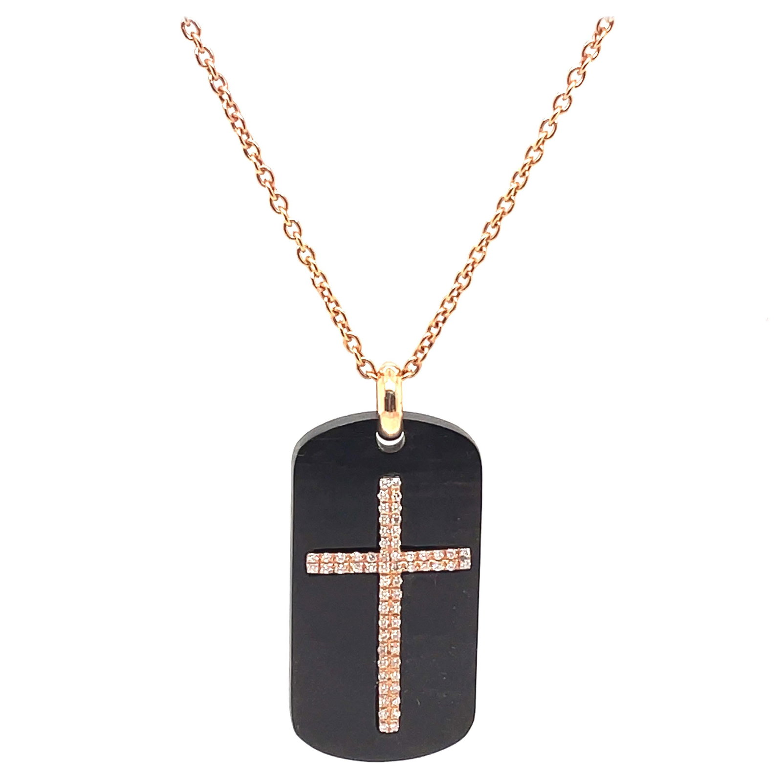 Unique 18k Rose Gold Diamond Mahogany Cross Pendant Necklace: Unique 18k Rose Gold Diamond Mahogany Cross Pendant Necklace This exquisite pendant necklace features a stunning cross design crafted from 18k rose gold and mahogany wood. Adorned with 0.36 carats of 