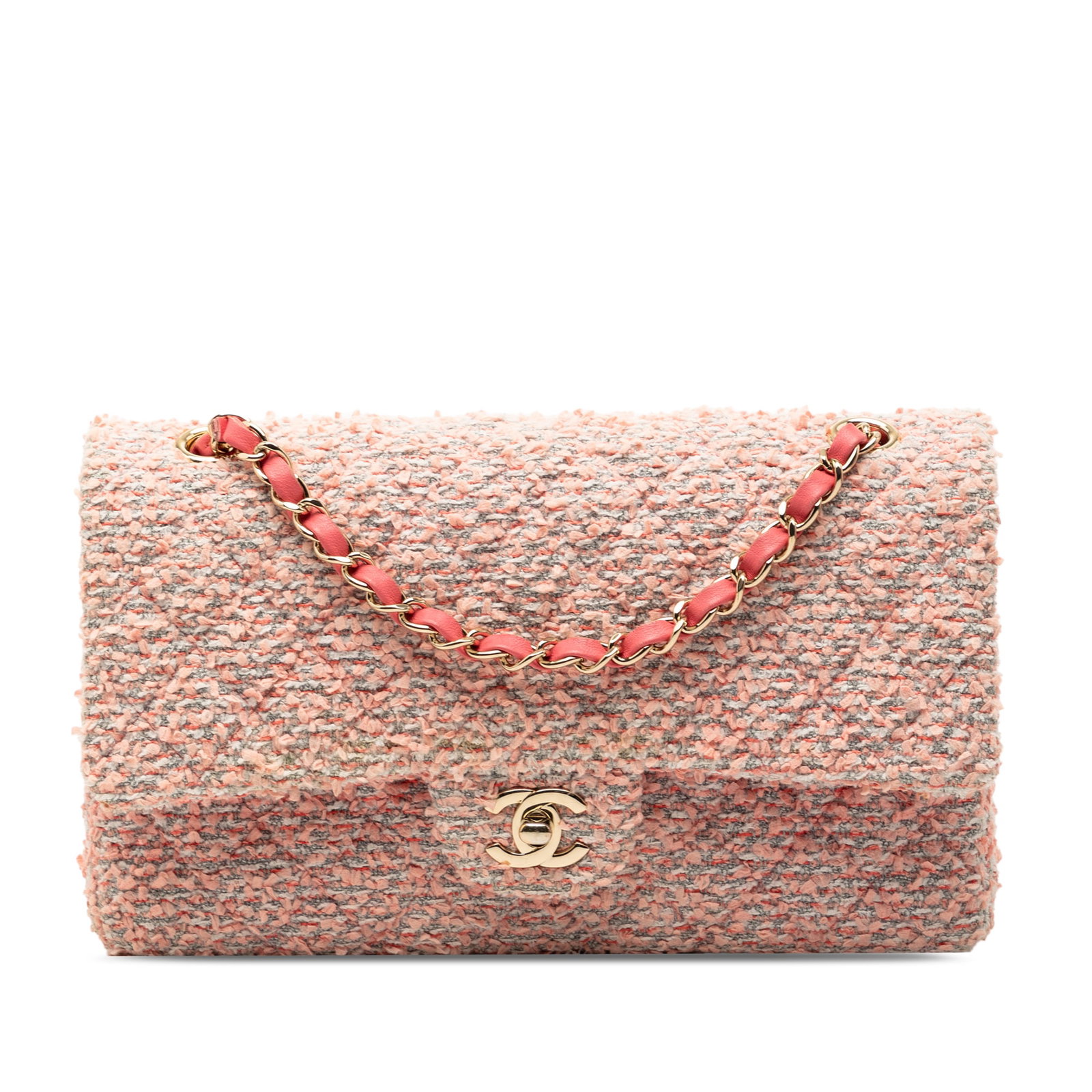 Chanel Pink Tweed Double Flap Shoulder Bag: Chanel Pink Tweed Double Flap Shoulder Bag This Chanel Medium Classic Tweed Double Flap shoulder bag features a pink tweed body paired with leather-woven chain link straps. It is designed with double 