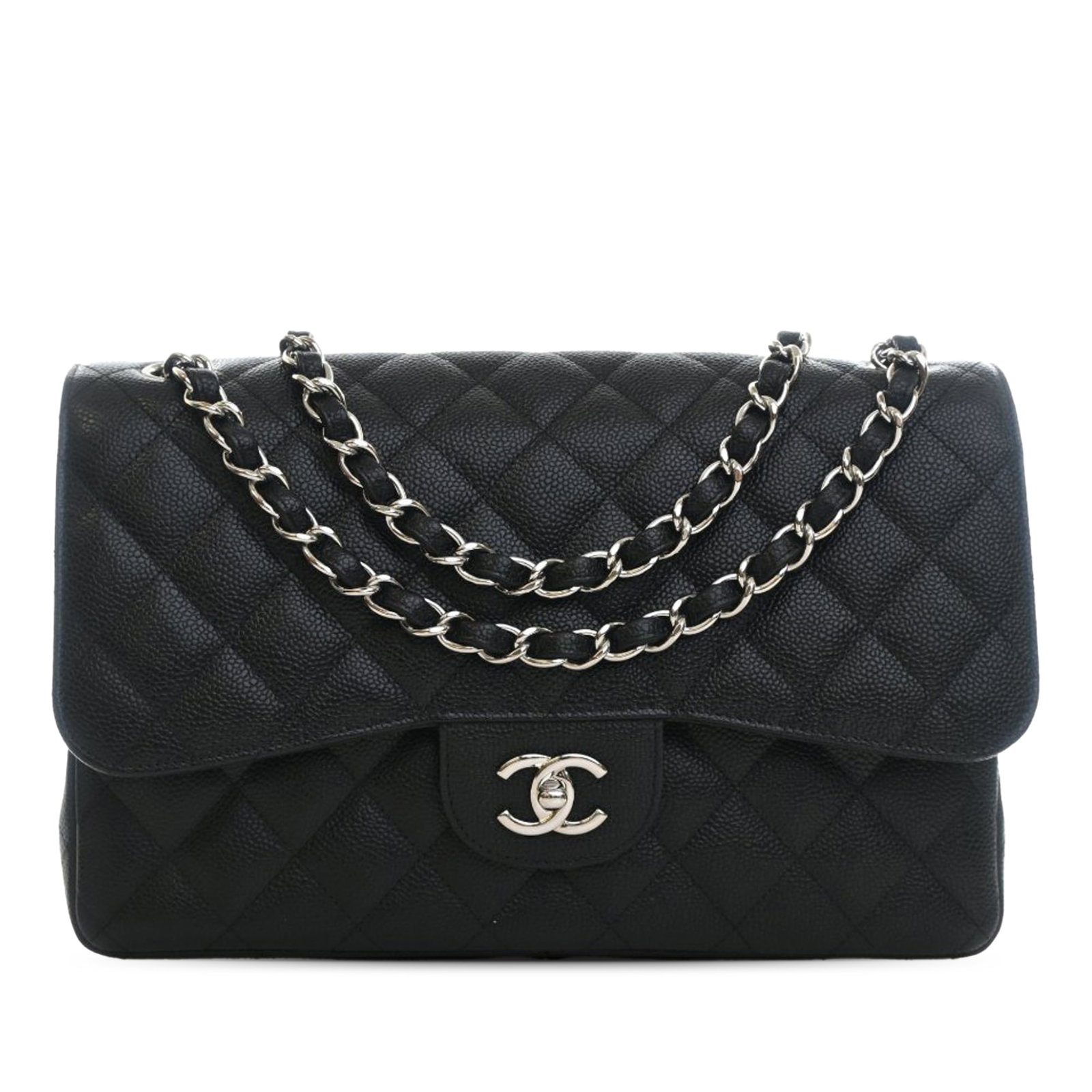 Chanel caviar leather jumbo double flap shoulder bag: Chanel caviar leather jumbo double flap shoulder bag This Chanel Jumbo Classic Caviar Double Flap shoulder bag is crafted from quilted caviar leather in black. It features leather-woven chain link str