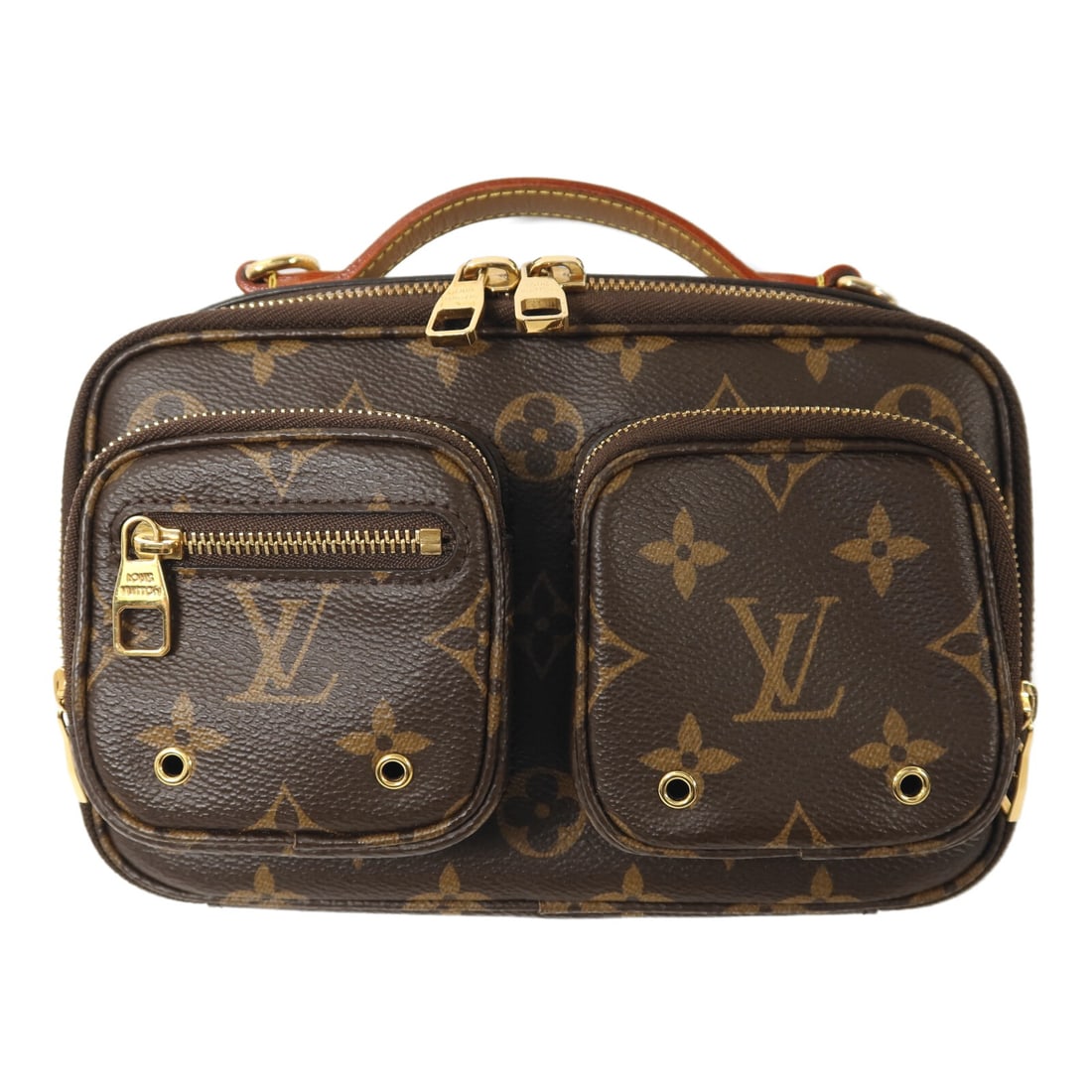 Louis Vuitton Utility Monogram Brown Two Way Shoulder Bag with Gold Hardware: Louis Vuitton Utility Monogram Brown Two Way Shoulder Bag with Gold Hardware This Louis Vuitton utility 2-way shoulder bag features the iconic Monogram pattern on brown PVC coated canvas. Designed for