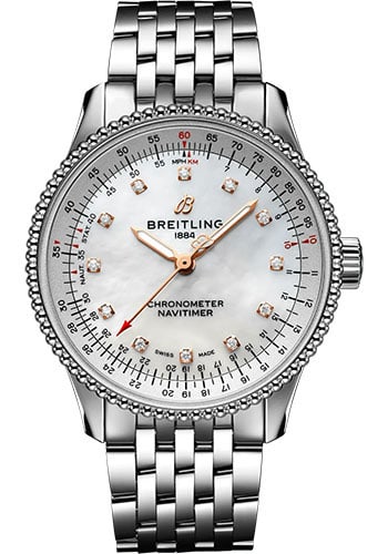 Breitling Navitimer Automatic MOP Dial Bracelet Ref A17395211A1A1 Card: Breitling Navitimer Automatic MOP Dial Bracelet Ref A17395211A1A1 Card This Breitling Navitimer Automatic features a mother-of-pearl dial, a rotating bezel, and comes with an original bracelet. The wa