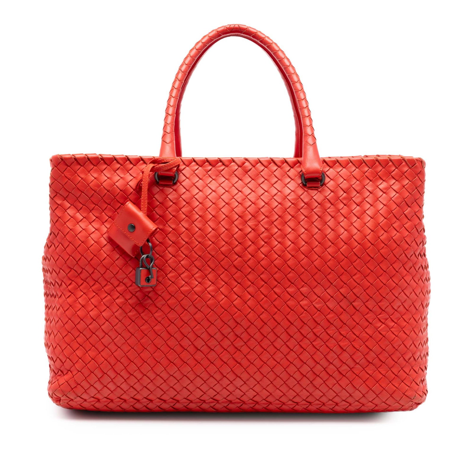 Bottega Veneta Orange Nappa Intrecciato Leather Tote: Bottega Veneta Orange Nappa Intrecciato Leather Tote This Bottega Veneta Nappa Intrecciato Brick Tote features the brand's signature woven leather design, complemented by rolled leather handles and a 