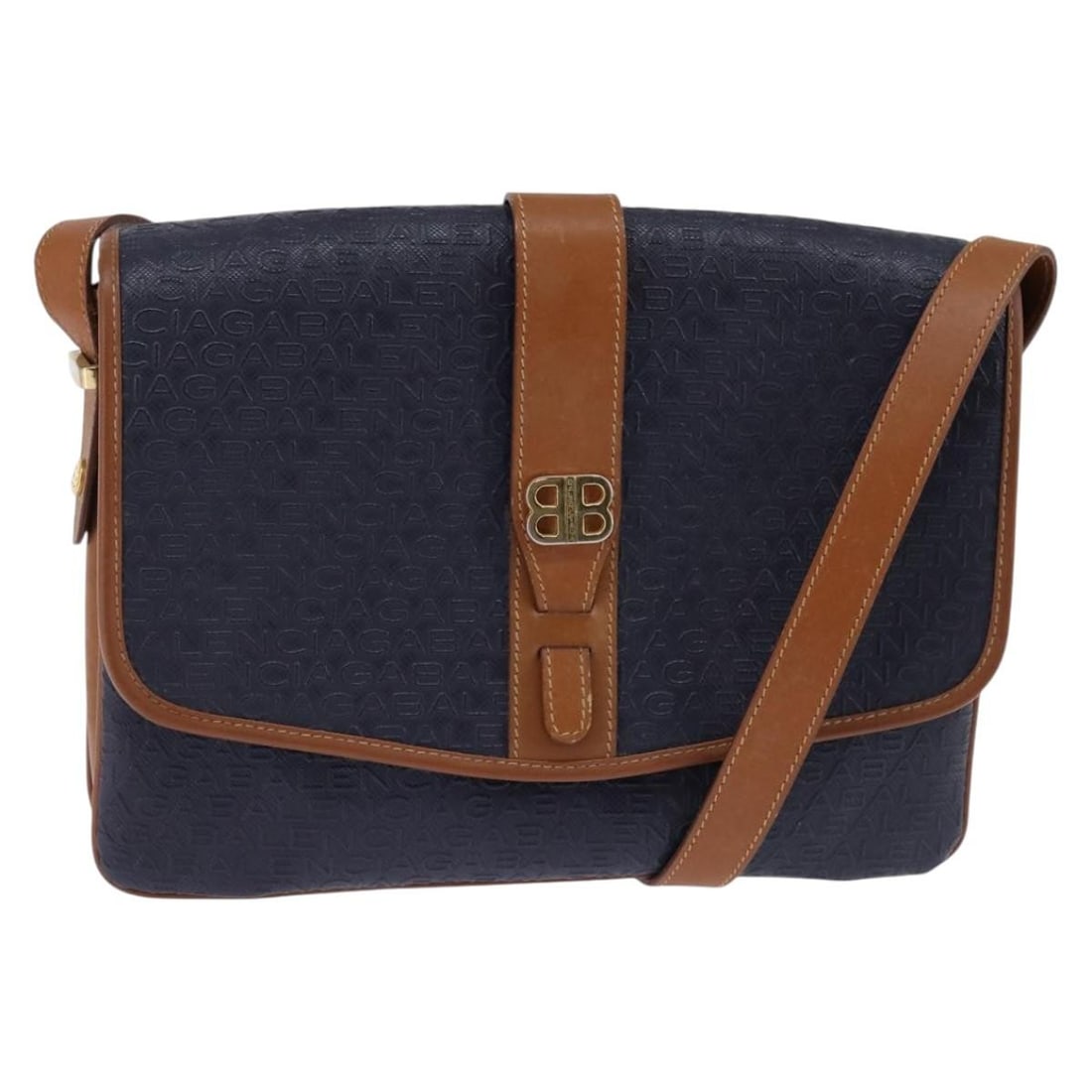 Navy PVC Shoulder Bag by Balenciaga for Women: Navy PVC Shoulder Bag by Balenciaga for Women This pre-owned Balenciaga shoulder bag for women is crafted from navy PVC and features a shoulder strap with metal fittings. The bag shows signs of use in