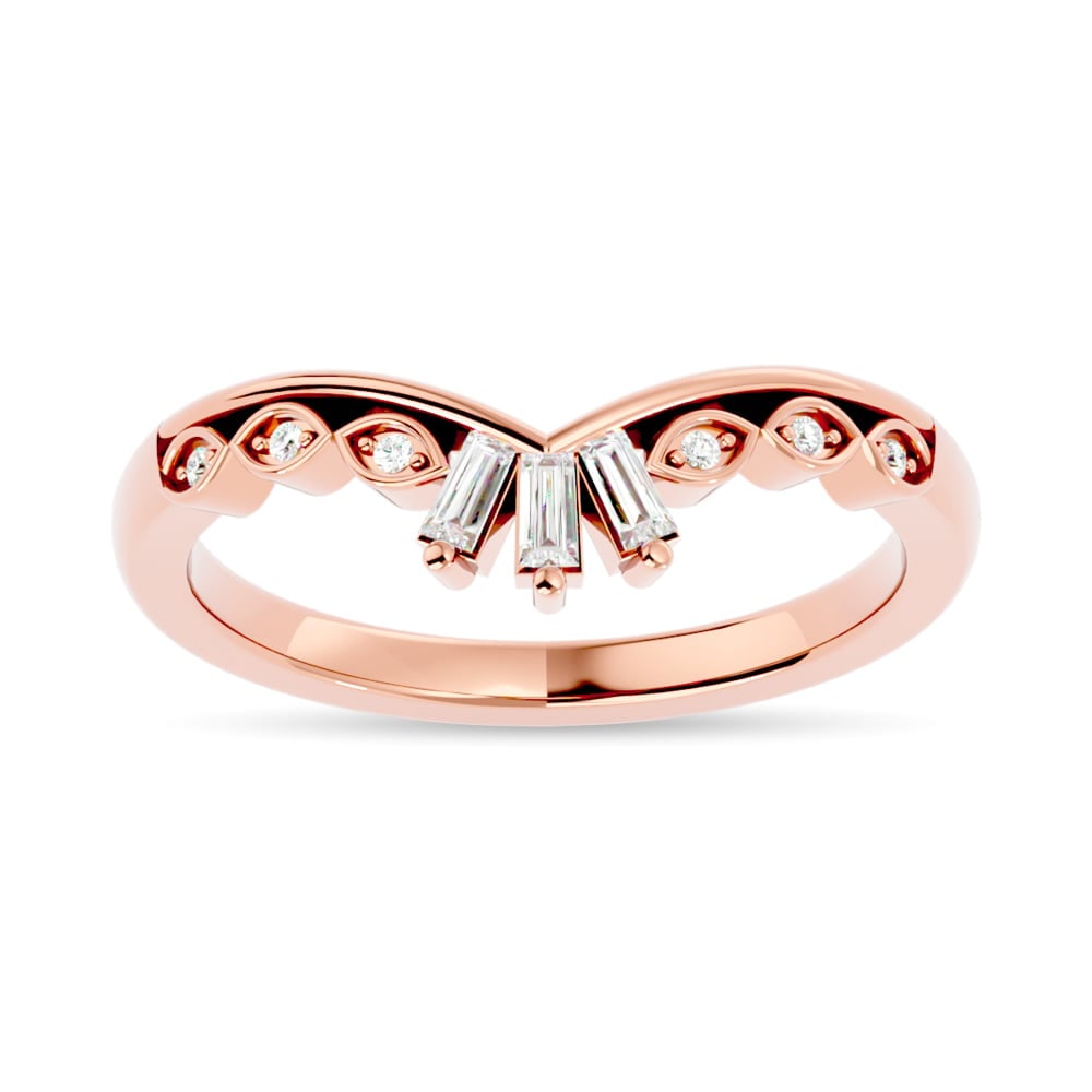 Diamond 1/6 Ct.tw Chevron Band in 14K Rose Gold: Diamond 1/6 Ct.tw Chevron Band in 14K Rose Gold 14k Rose Gold Stone Color: Gh Stone Clarity: Si2 Each ring is presented in standard size 6.5. Complimentary resizing is available between sizes 510 (in 