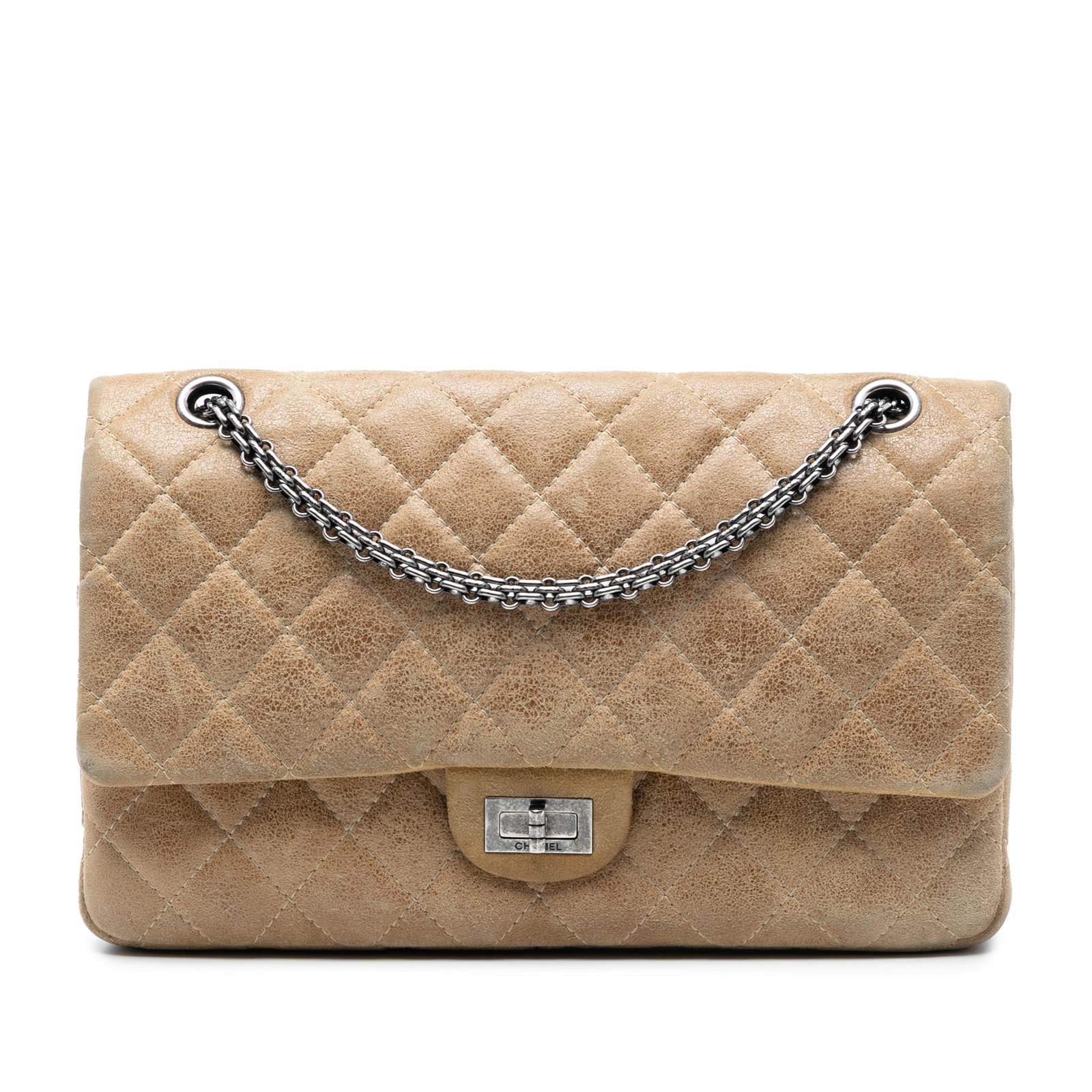 Chanel Reissue 2.55 Metallic Brown Calfskin Double Flap Shoulder Bag 227: Chanel Reissue 2.55 Metallic Brown Calfskin Double Flap Shoulder Bag 227 The Chanel Reissue 2.55 Aged Metallic Calfskin Double Flap 227 is a sophisticated shoulder bag crafted from aged calfskin leath
