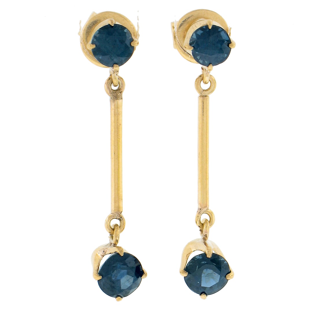 Vintage 14k Yellow Gold Sapphire Dangle Drop Earrings 1.50ctw: Vintage 14k Yellow Gold Sapphire Dangle Drop Earrings 1.50ctw Elevate your elegance with these Vintage 14k Yellow Gold Dangle Drop Earrings featuring stunning round cut natural sapphires. These earrin