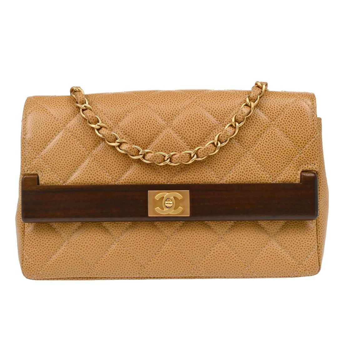 Chanel Beige Caviar Skin Matelasse Shoulder Bag Turnlock Chain Strap: Chanel Beige Caviar Skin Matelasse Shoulder Bag Turnlock Chain Strap This Chanel shoulder bag features a classic straight flap design crafted from beige caviar skin leather with a matelasse pattern. I