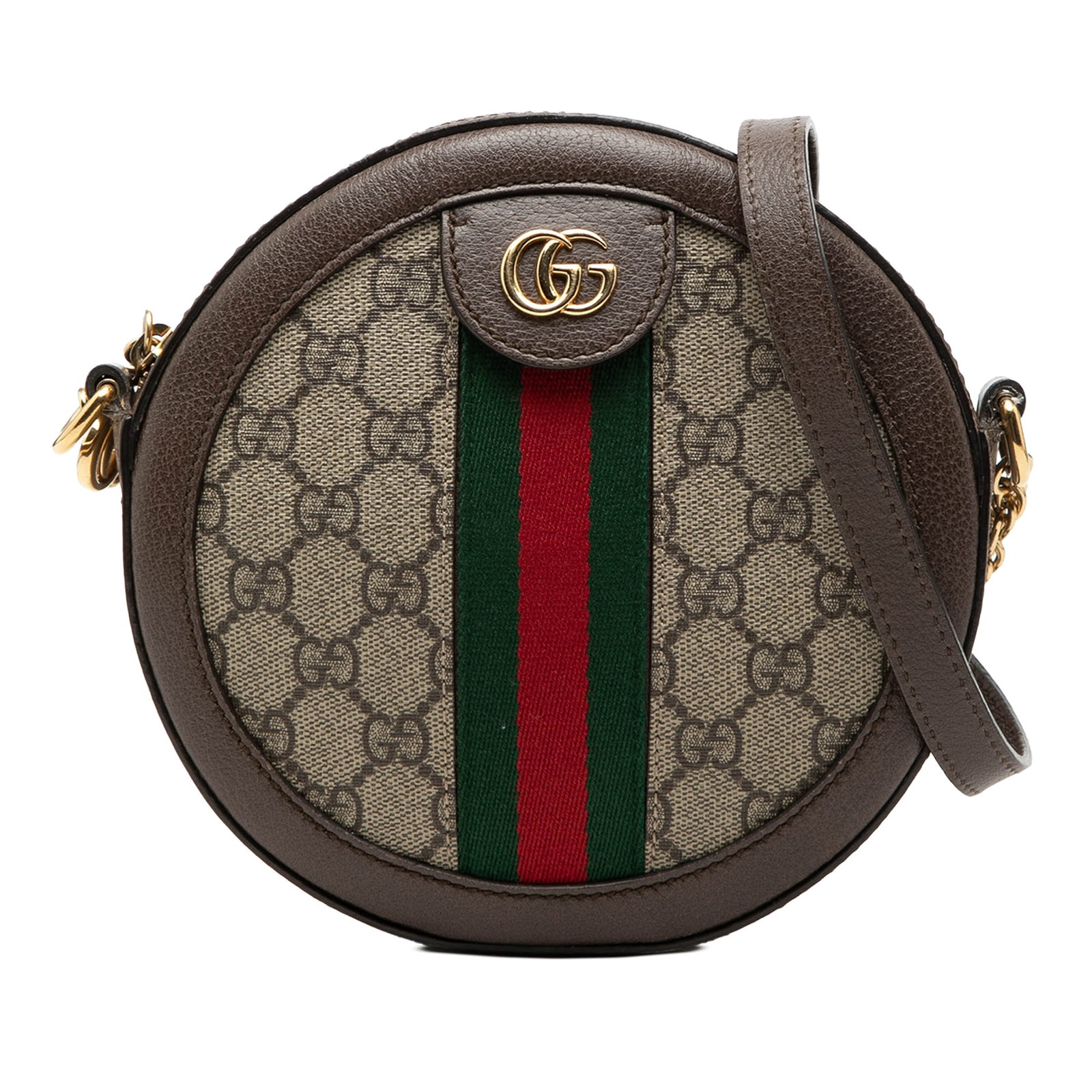 Gucci Ophidia Mini GG Supreme Round Crossbody Bag: Gucci Ophidia Mini GG Supreme Round Crossbody Bag This Gucci Mini GG Supreme Web Ophidia Round Crossbody features a coated canvas body with leather and signature web trim. It is designed with a curb c