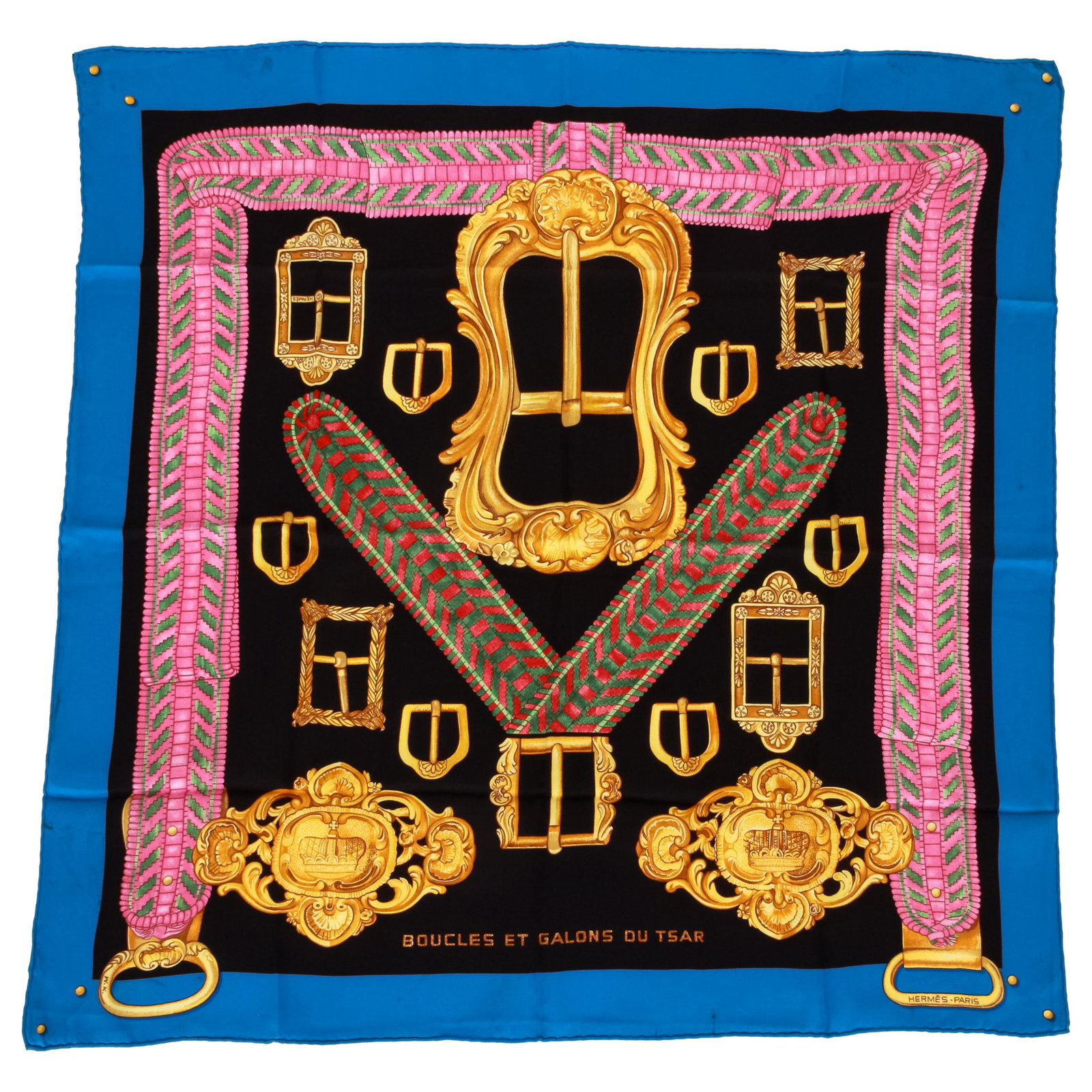 Hermes Tsar Bleu Black Silk Scarf 26x26 France: Hermes Tsar Bleu Black Silk Scarf 26x26 France This exquisite Hermes Tsar Bleu Black Silk Scarf features a stunning design with rich blue, black, yellow, and pink hues. Crafted from high-quality silk,