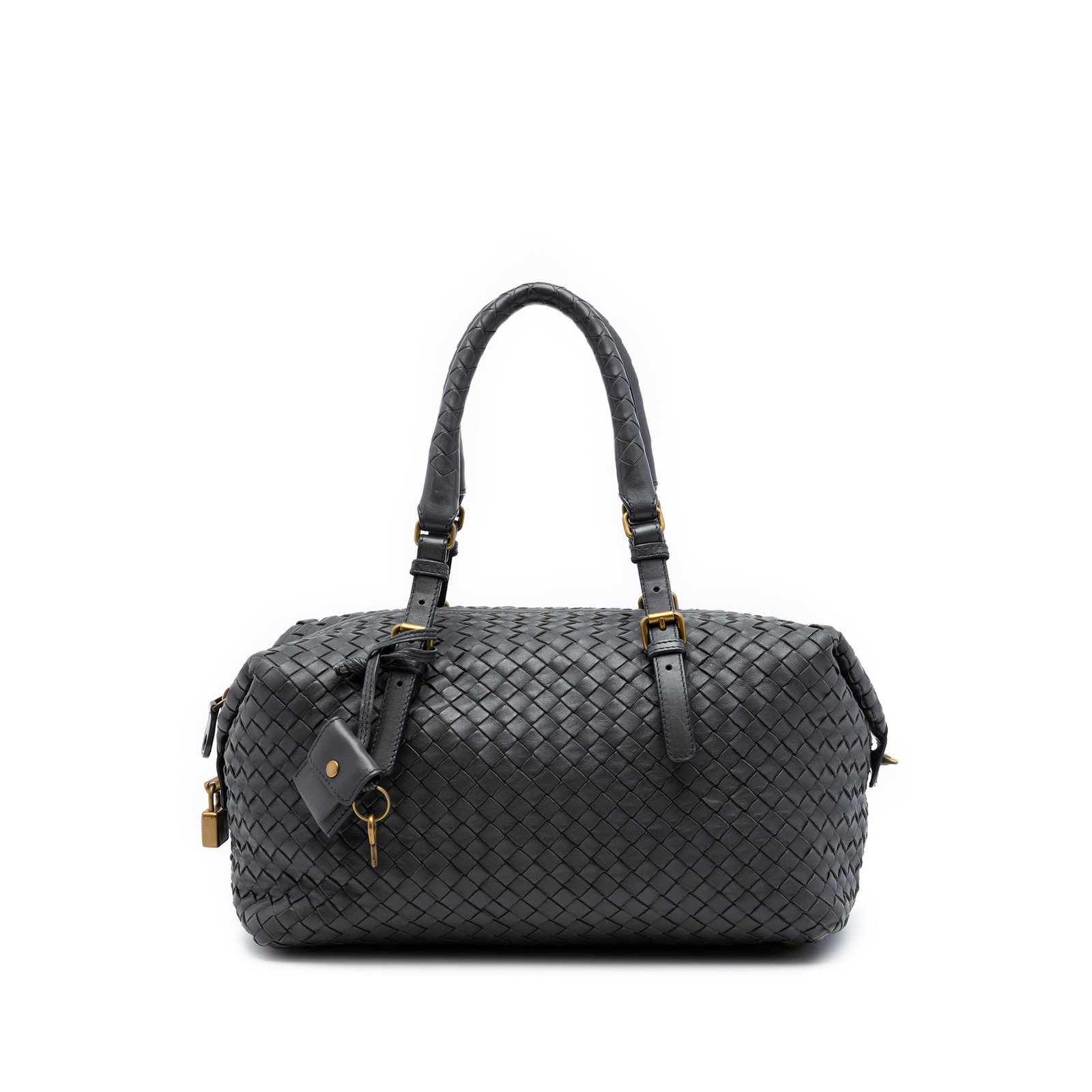 Bottega Veneta Montaigne Gray Nappa Leather Boston Bag: Bottega Veneta Montaigne Gray Nappa Leather Boston Bag This Bottega Veneta Nappa Intrecciato Montaigne Boston Bag features a woven nappa leather exterior with adjustable rolled leather handles and a t