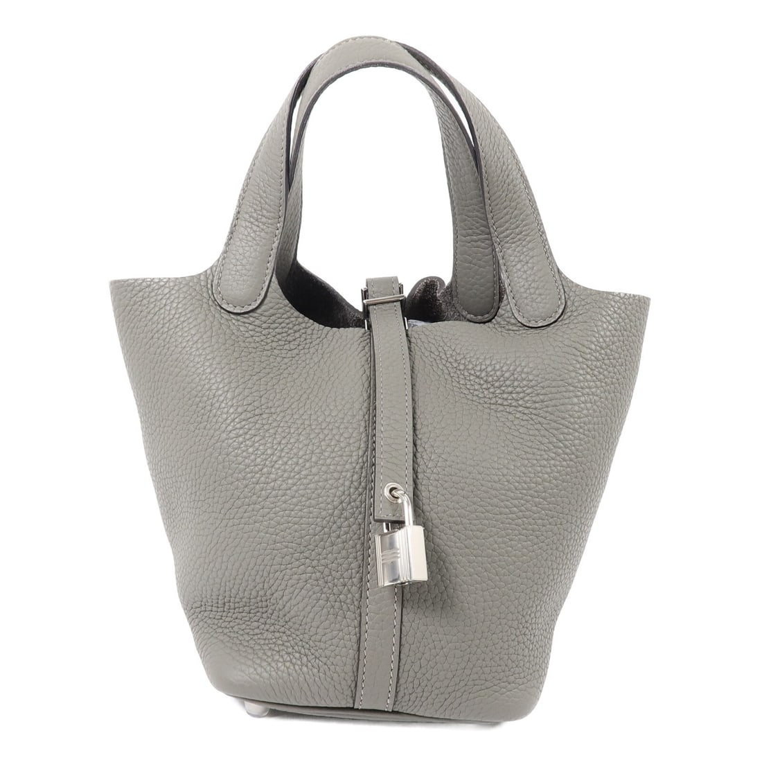 Hermes Picotin PM Gray Clemence Leather Tote Bag: Hermes Picotin PM Gray Clemence Leather Tote Bag This Hermes Picotin PM tote bag is crafted from Clemence calfskin leather in a sophisticated Gris Meyer gray tone. Made in France, it features a compac