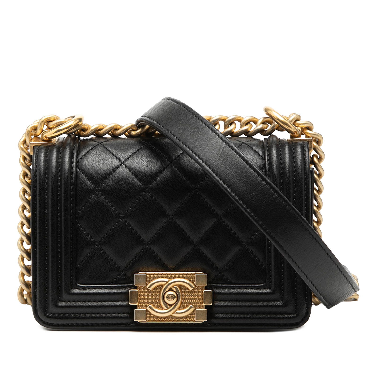Chanel Boy flap mini quilted lambskin leather bag: Chanel Boy flap mini quilted lambskin leather bag This Chanel Mini Quilted Lambskin Boy Flap bag features a quilted lambskin leather body in black, a curb chain strap, a front flap with a push lock cl