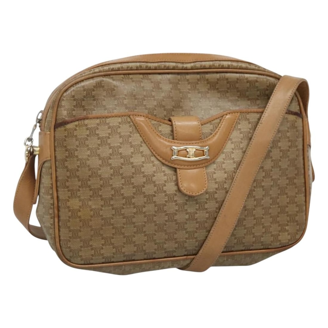 Celine Macadam beige canvas shoulder bag: Celine Macadam beige canvas shoulder bag This Celine Vintage Macadam Shoulder Bag features a classic beige canvas exterior with leather accents. Designed for women, the bag is crafted in Italy and sho