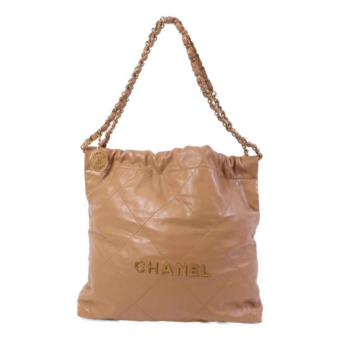 Chanel C22 Small Beige Calfskin Shoulder Bag with Gold Tone CC Hardware: Chanel C22 Small Beige Calfskin Shoulder Bag with Gold Tone CC Hardware This CHANEL C22 small chain shoulder bag features a beige calfskin leather exterior and gold tone hardware. Designed for women, 