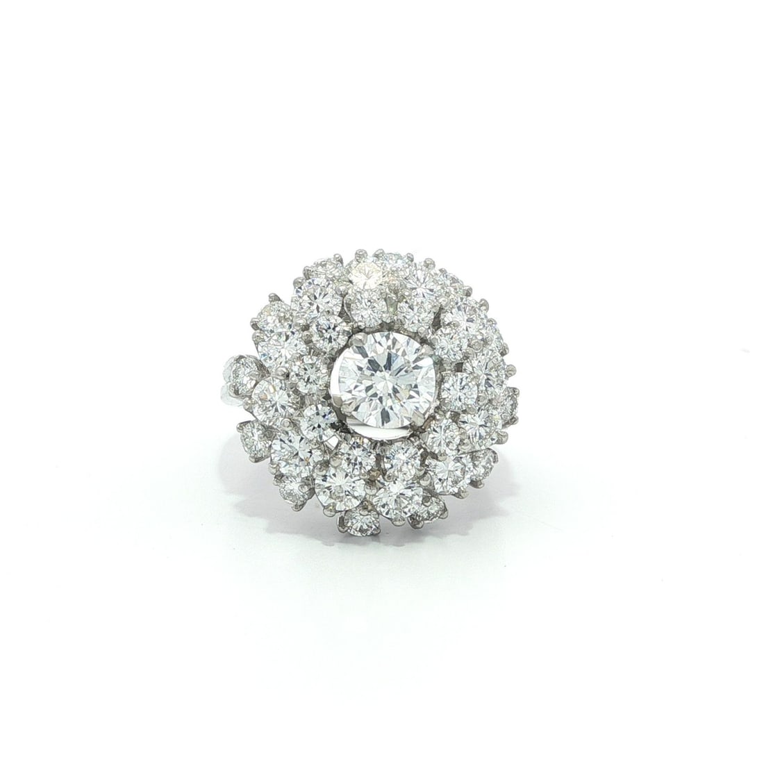 Vintage Platinum GIA 2.14ctw Round Cut Diamond Cluster Ring: Vintage Platinum GIA 2.14ctw Round Cut Diamond Cluster Ring This exquisite Vintage Platinum Ring features a stunning array of fiery round cut diamonds, elegantly clustered in a tiered design. The cent