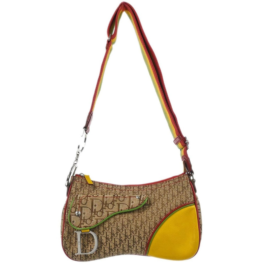 Christian Dior Saddle Shoulder Bag Rasta Canvas and Leather 08RU 0074: Christian Dior Saddle Shoulder Bag Rasta Canvas and Leather 08RU 0074 This Christian Dior Rasta-Color Trotter Saddle shoulder bag features a medium-sized silhouette crafted from canvas and leather. It