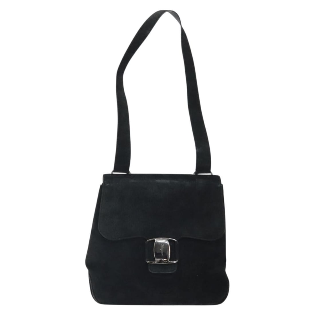 Salvatore Ferragamo Vala Black Suede Shoulder Purse: Salvatore Ferragamo Vala Black Suede Shoulder Purse This Salvatore Ferragamo Vala shoulder bag for women is crafted from black suede and made in Italy. It features metal fittings and a shoulder strap 