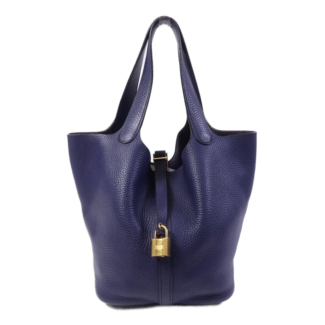 Hermes Picotin MM Blue Clemence Leather Tote with Gold Tone Hardware: Hermes Picotin MM Blue Clemence Leather Tote with Gold Tone Hardware This Hermes Picotin MM handbag is crafted from supple Clemence calfskin leather in a rich blue hue. Featuring a bucket tote design,