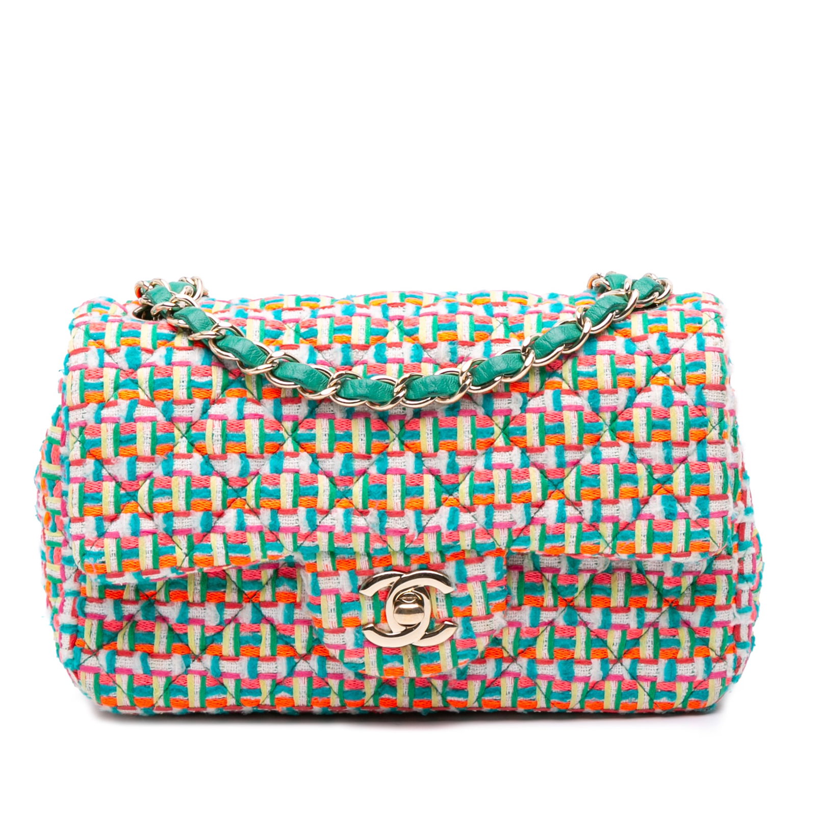 Chanel Mini Rectangular Tweed Crossbody Flap Bag: Chanel Mini Rectangular Tweed Crossbody Flap Bag This Chanel Mini Rectangular Classic Tweed Single Flap bag is crafted from a multi-colored tweed fabric and features a leather-woven chain shoulder str