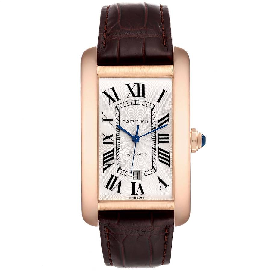 Cartier Tank Americaine XL 2927 Silver Roman Dial Leather Strap Watch with Papers 2009: Cartier Tank Americaine XL 2927 Silver Roman Dial Leather Strap Watch with Papers 2009 This is a Cartier Tank Americaine XL wristwatch, reference number 2927, featuring a silver Roman numeral dial and