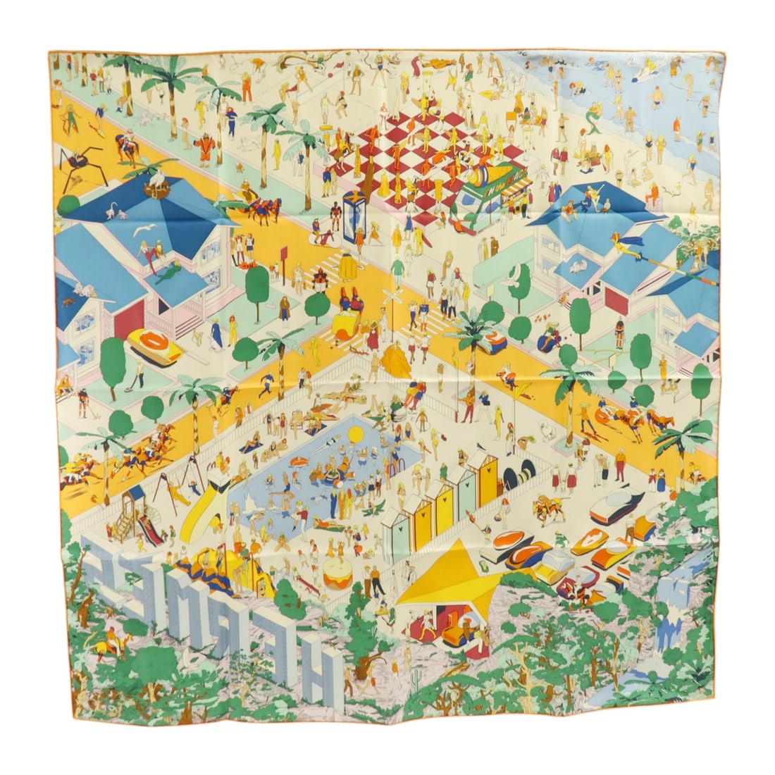 Hermes silk women scarf 90x90cm green orange multicolor: Hermes silk women scarf 90x90cm green orange multicolor This Hermes scarf is crafted from luxurious silk and features a vibrant green, orange, and multicolor design. Made in France, it is designed for