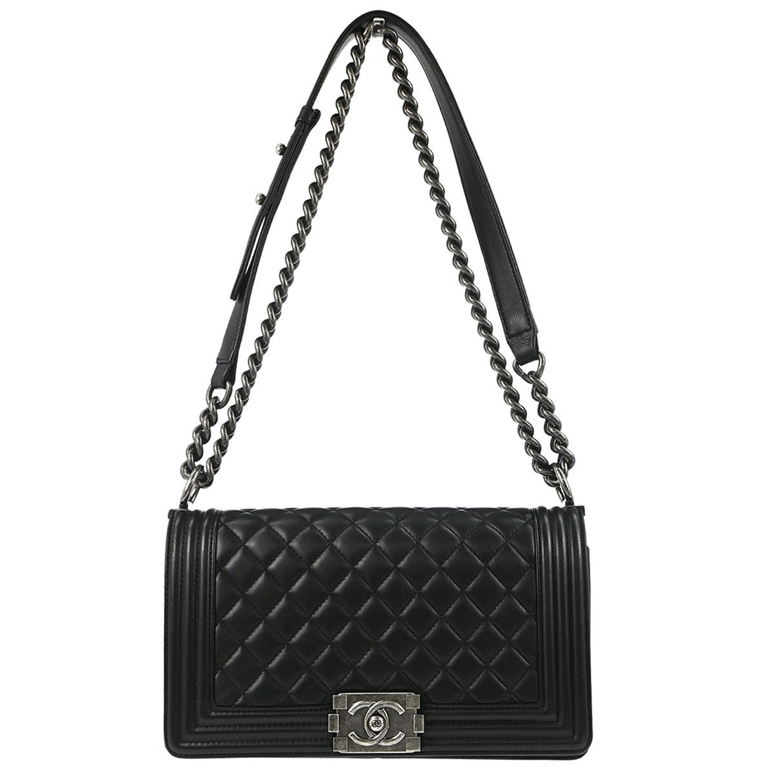 CHANEL Boy Medium Black Lambskin Chain Shoulder Bag: CHANEL Boy Medium Black Lambskin Chain Shoulder Bag This Boy Chanel medium shoulder bag features a classic square shape crafted from black lambskin leather. It is accented with quilted details and a p