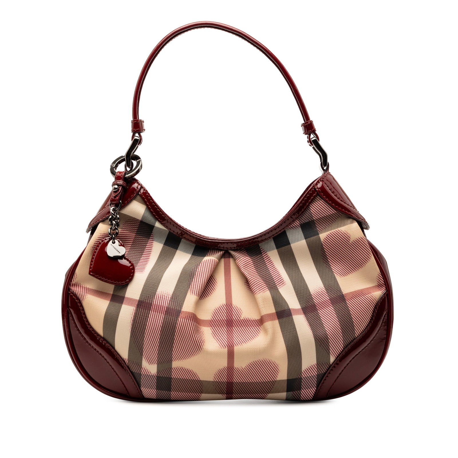 Burberry Hernville Hobo Bag Nova Check Coated Canvas Hearts: Burberry Hernville Hobo Bag Nova Check Coated Canvas Hearts This Burberry Small Nova Check Hearts Hernville Hobo features a printed coated canvas body with patent leather trim, a rolled leather handle