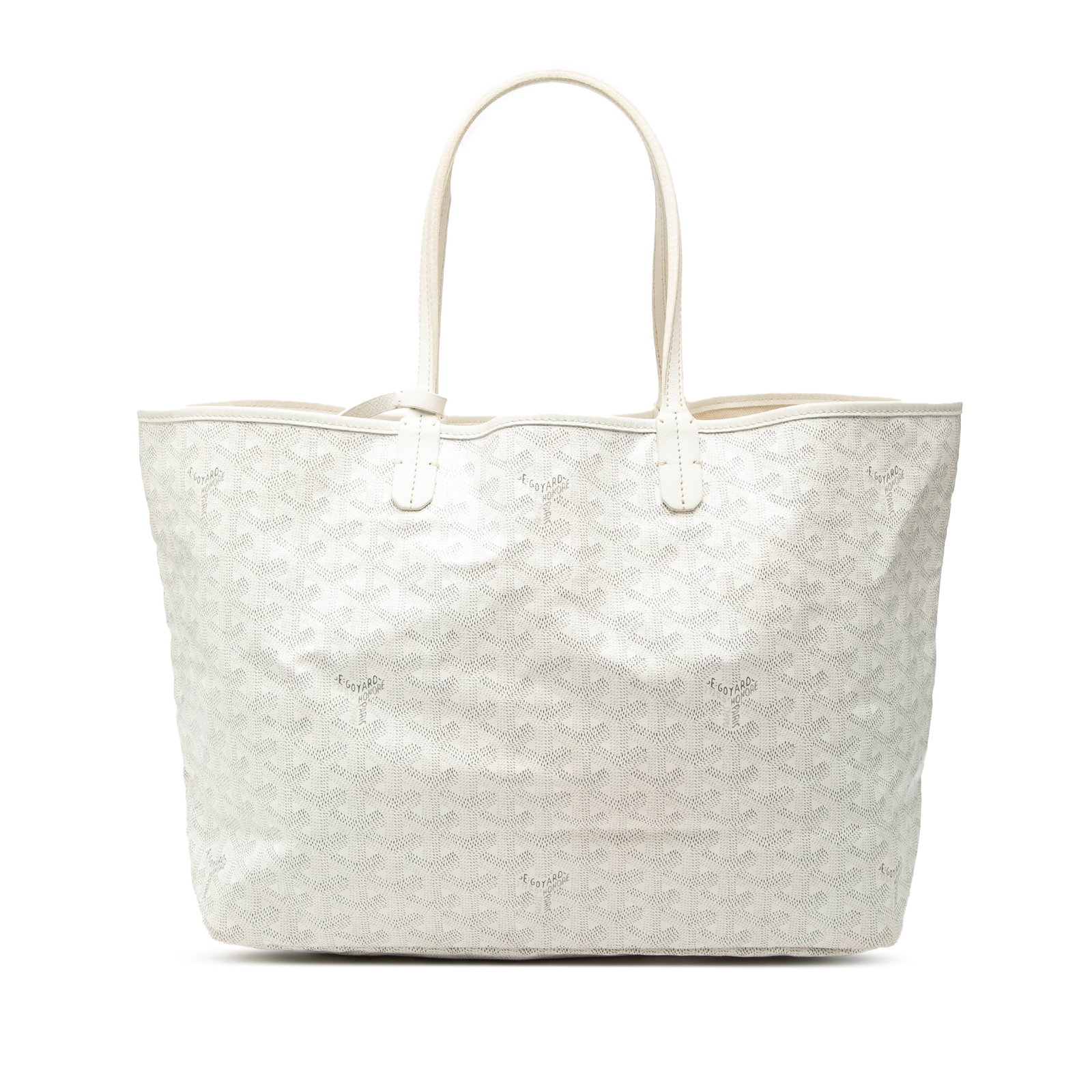 Goyard Saint Louis PM White Tote with Detachable Pouch: Goyard Saint Louis PM White Tote with Detachable Pouch The Goyardine Saint Louis PM features a coated canvas body in white, flat leather straps, an open top design, and a detachable flap pouch. This b