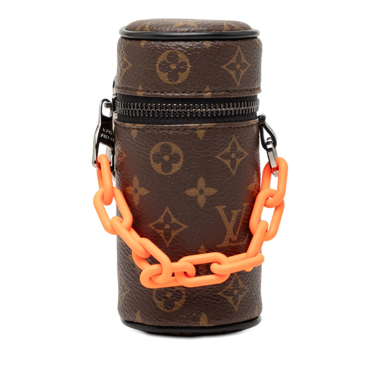 Monogram Canvas Barrel Shape Pouch with Resin Chain by Louis Vuitton: Monogram Canvas Barrel Shape Pouch with Resin Chain by Louis Vuitton This Louis Vuitton Monogram Barrel Pouch features the brand's signature monogram canvas exterior, a top zip-around closure, and a r