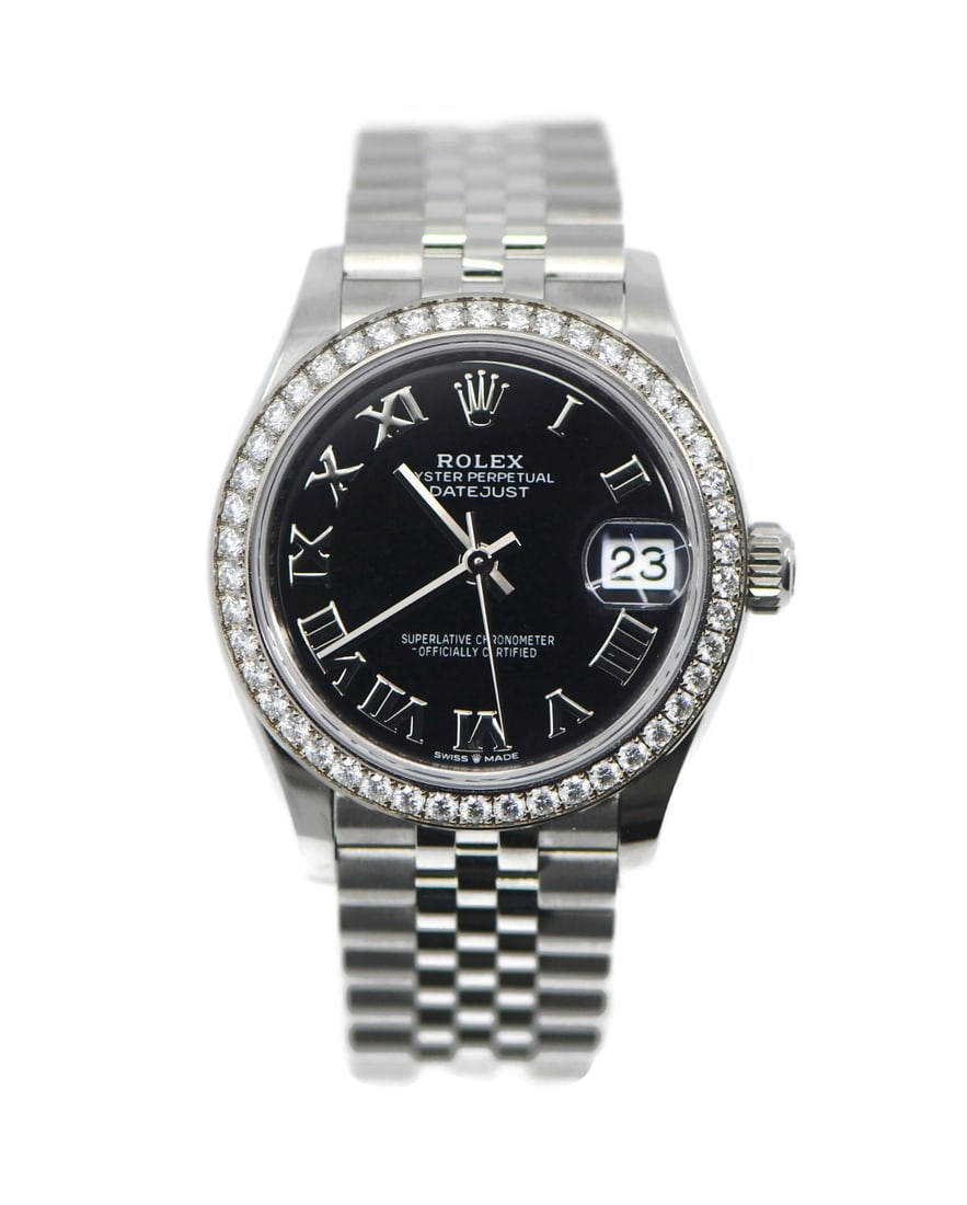 Rolex Datejust 31mm Diamond Bezel Black Dial Automatic Watch: Rolex Datejust 31mm Diamond Bezel Black Dial Automatic Watch This Rolex Datejust 31 is a luxury women's wristwatch featuring a 31 mm polished stainless steel case and a diamond-set bezel. The watch is